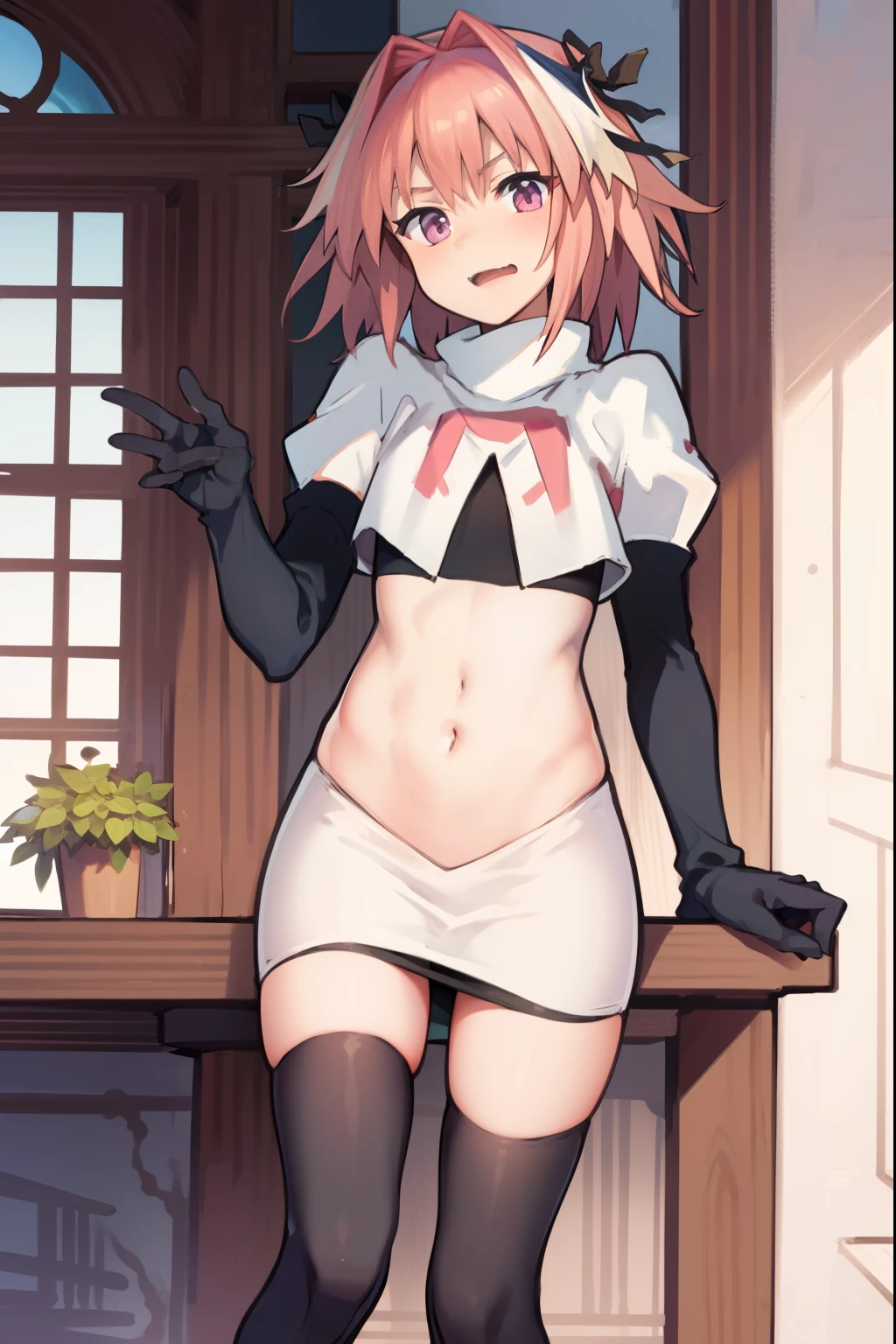 absurdres, masterpiece, best quality, (astolfo fate:1.2155), 1boy, male focus, trap, pink multicolored hair, pink hair, white hair, hair intakes, long hair, pink detailed eyes, crossdressing,1boy, team rocket,team rocket uniform, red letter R, white skirt,white crop top,black thigh-highs,black elbow gloves