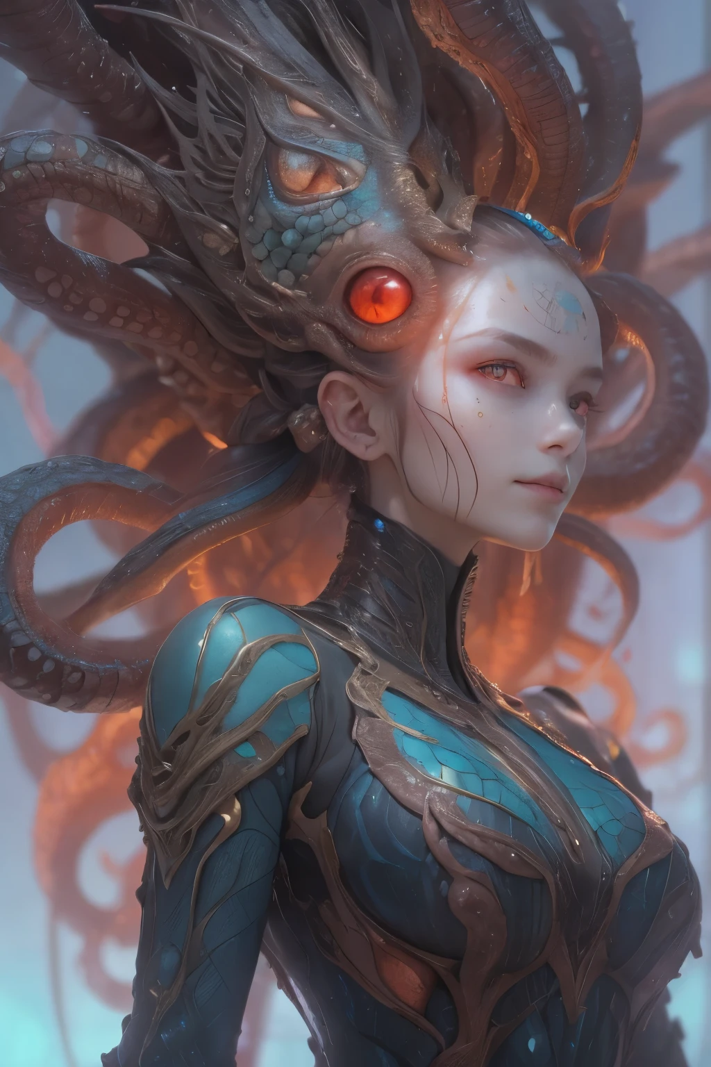 Portrait, (beautiful female alien:1.2),  (she has red eyes with no pupils:1.8), (Translucent skin:1.7),  (There is a female genital-like organ in the middle of the forehead.:1.9), (The most beautiful face in the history of the universe:1.2),an evil gaze that seduces, (large mouth:1.1), (sharp teeth like a vampire:1.2), Full body like, (bio luminescent:1.5), (Smile wickedly:1.3),  (sexypose:1.5), alien, No humans, cells are fused, (Lots of translucent tentacles:1.3) extraterrestrial, cell, bio image, Best Quality, 8K,4K_quality, High Definition, Dramatic Lighting, masutepiece:1.5,cinematic quality, detail up, (Intricate details:1.2), High resolution, High Definition, drawing faithfully, (Thick eyebrows:1.2), Beautiful eyes with fine symmetry,(Highly detailed face and eyes:1.2), Intimate face, (Super detailed skin quality feeling:1.4), Perfect Anatomy,  (Beautiful toned body:1.5),  (Moist skin:1.2), No makeup, (dark circles:1.1), long canines, cinematic drawing of characters, ultra high quality model, cinematic quality, detail up, (Intricate details:1.2), High resolution, High Definition, drawing faithfully, Official art, Unity 8K wall  , 8K Portrait, Best Quality, Very High resolution, ultra detailed artistic photography, midnight aura,  unreal enginee 5, Ultra Sharp Focus, art by alberto seveso, ArtGerm, Roisch, intricate artwork, best quality, masutepiece, ultra High resolution, (photos realistic:1.4), Ultra-realistic realism, dream-like,  nautilus, Creation of fantasy, Snail, Dream Snail,  biopunk nautilus, Thrilling color schemes， Ultra-realistic realism， seductively smiling, Blue tentacles,
