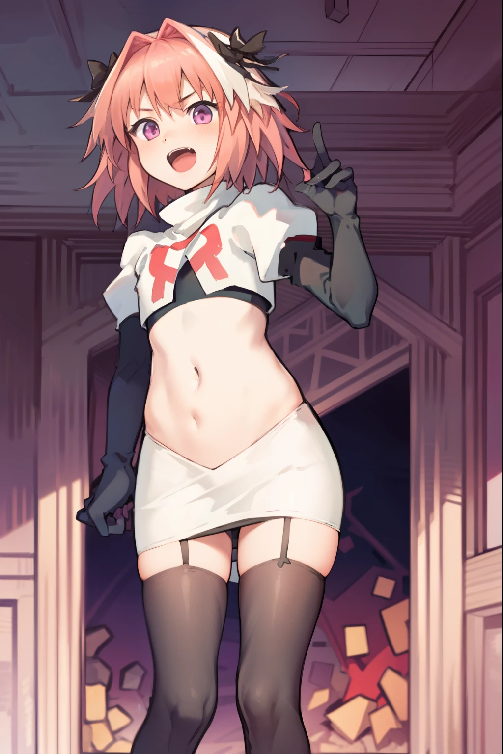 absurdres, masterpiece, best quality, (astolfo fate:1.2155), 1boy, male focus, trap, pink multicolored hair, pink hair, white hair, hair intakes, long hair, pink detailed eyes, crossdressing,1boy, team rocket,team rocket uniform, red letter R, white skirt,white crop top,black thigh-highs,black elbow gloves