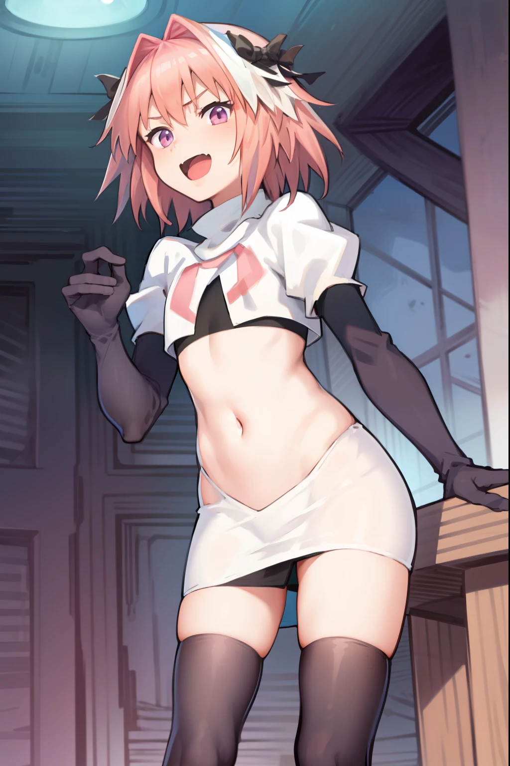 absurdres, masterpiece, best quality, (astolfo fate:1.2155), 1boy, male focus, trap, pink multicolored hair, pink hair, white hair, hair intakes, long hair, pink detailed eyes, crossdressing,1boy, team rocket,team rocket uniform, red letter R, white skirt,white crop top,black thigh-highs,black elbow gloves