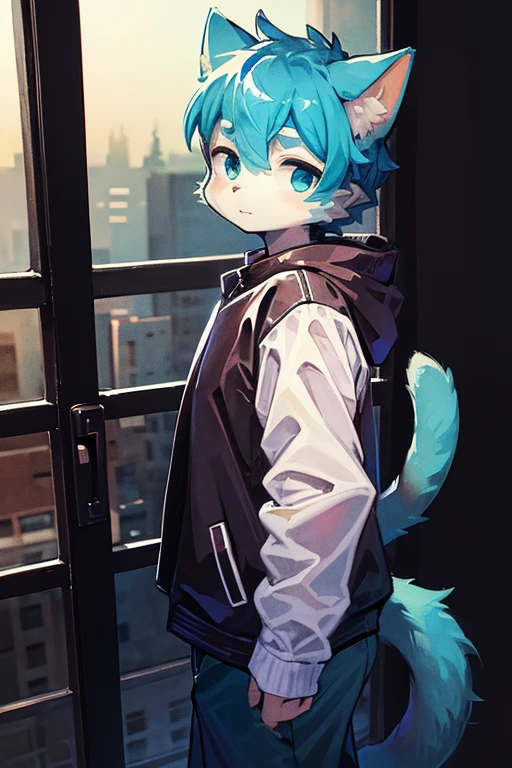 (high quality,ultra-detailed,realistic:1.37),serious expression,short blue hair,cat ears,cat tail,green eyes,fluffy,Shota,boy,cute,illustration,digital painting,studio lighting,vibrant colors,surreal,soft pastel palette,soft lighting,furry,feline animals,long tail,anthropomorphic,claws,in the style of furry art