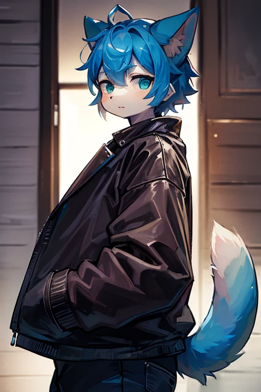 (high quality,ultra-detailed,realistic:1.37),serious expression,short blue hair,cat ears,cat tail,green eyes,fluffy,Shota,boy,cute,illustration,digital painting,studio lighting,vibrant colors,surreal,soft pastel palette,soft lighting,furry,feline animals,long tail,anthropomorphic,claws,in the style of furry art