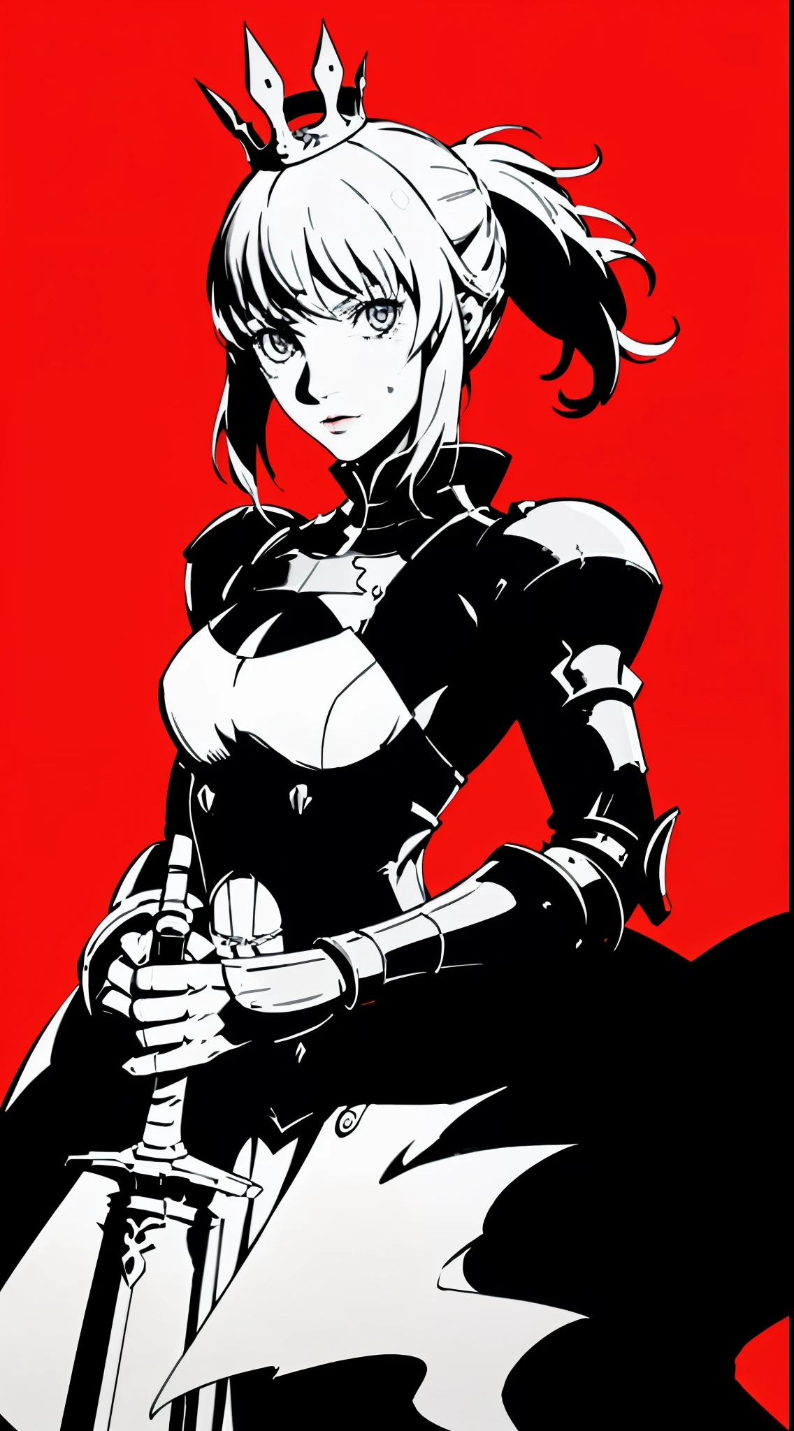 1girl, artoria Pendragon, saber, armor, after war, bruise, crown, solo, red background, black background, monochrome, upper body, looking at viewer