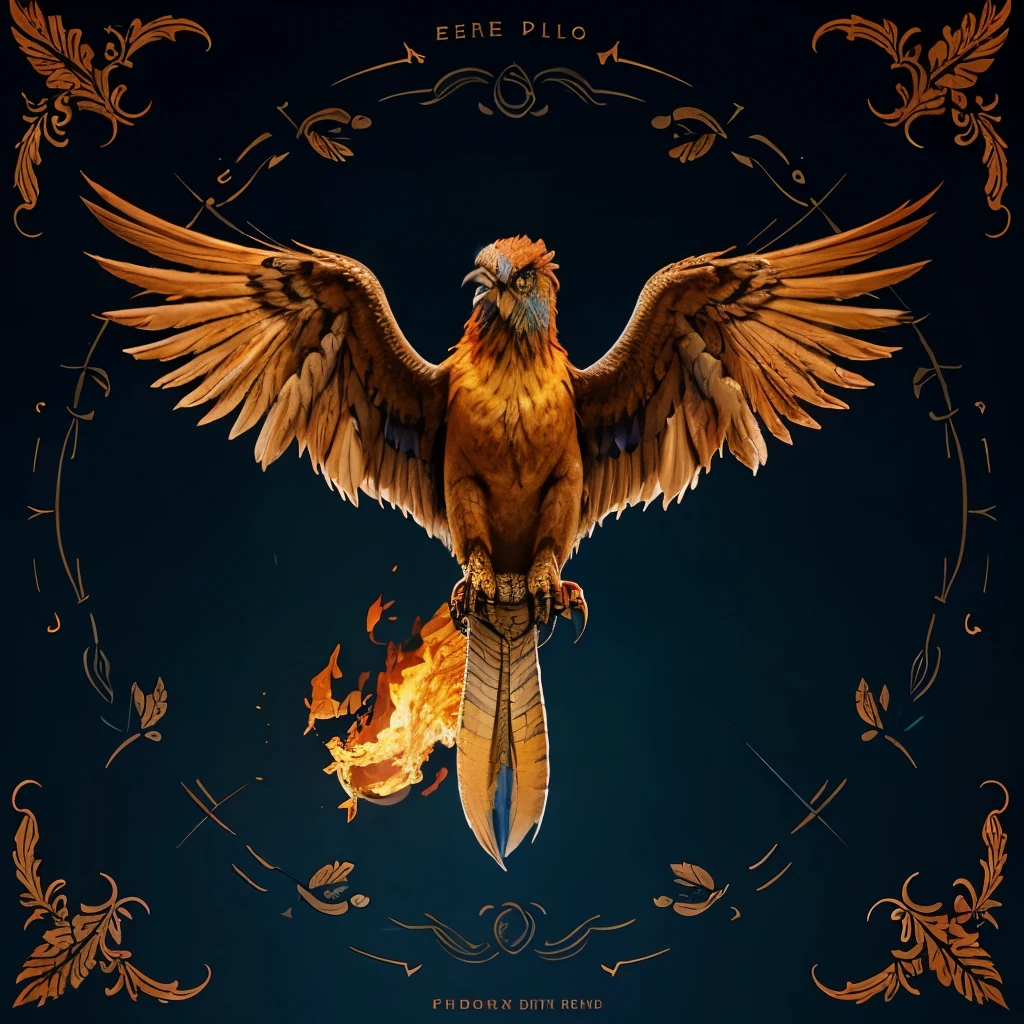 Phoenix bird, wallpaper style, made of fire, blue reptilian eyes, tons of feathers, high detail, Podcast cover art