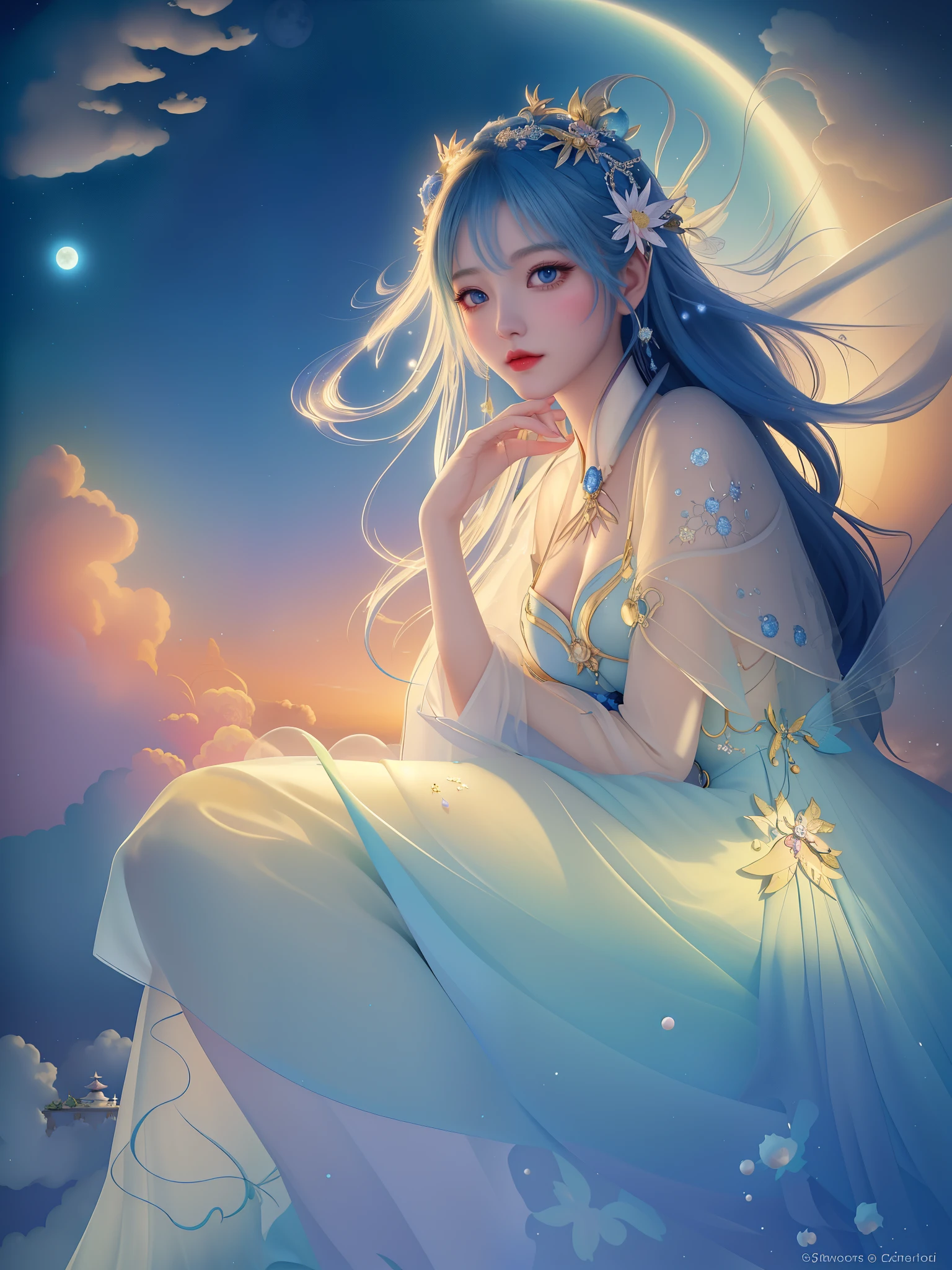 Island near, sky so clear, Moon for love, Fairy tear, dressed in white, pearl of the night, clouds swirl, swirling cloud above painting of a woman a Moon Fairy sitting on a cloud with a full moon in the background, cloud goddess, beautiful fantasy art, beautiful fantasy maiden, beautiful fantasy art portrait, very beautiful fantasy art, beautiful fantasy portrait, a beautiful fantasy empress, beautiful goddess, ((a beautiful fantasy empresy Yang J, fantasy art style, anime goddess, ! dream artgermMoon fairy, isometric shot inside a glass jar looking out, gossamer, blue chrysanthemum, nighttime, stardust. Fairytale, rococopunk, delicate studio artist model. Best quality, oil painting on canvas. Coby Whitmore, Ray Caesar, Lichtenstein, Fragonard, Van Gogh. Surrealism. Exquisitely detailed luminous portrait moon. Moon, clouds, waves, ocean, glow, bioluminescence. 18th century masterpiece, Vogue fashion illustration, delicate embroidery. Perfect red lips, Perfect face, delicate face, perfect eyes, detailed pupils. By Maya