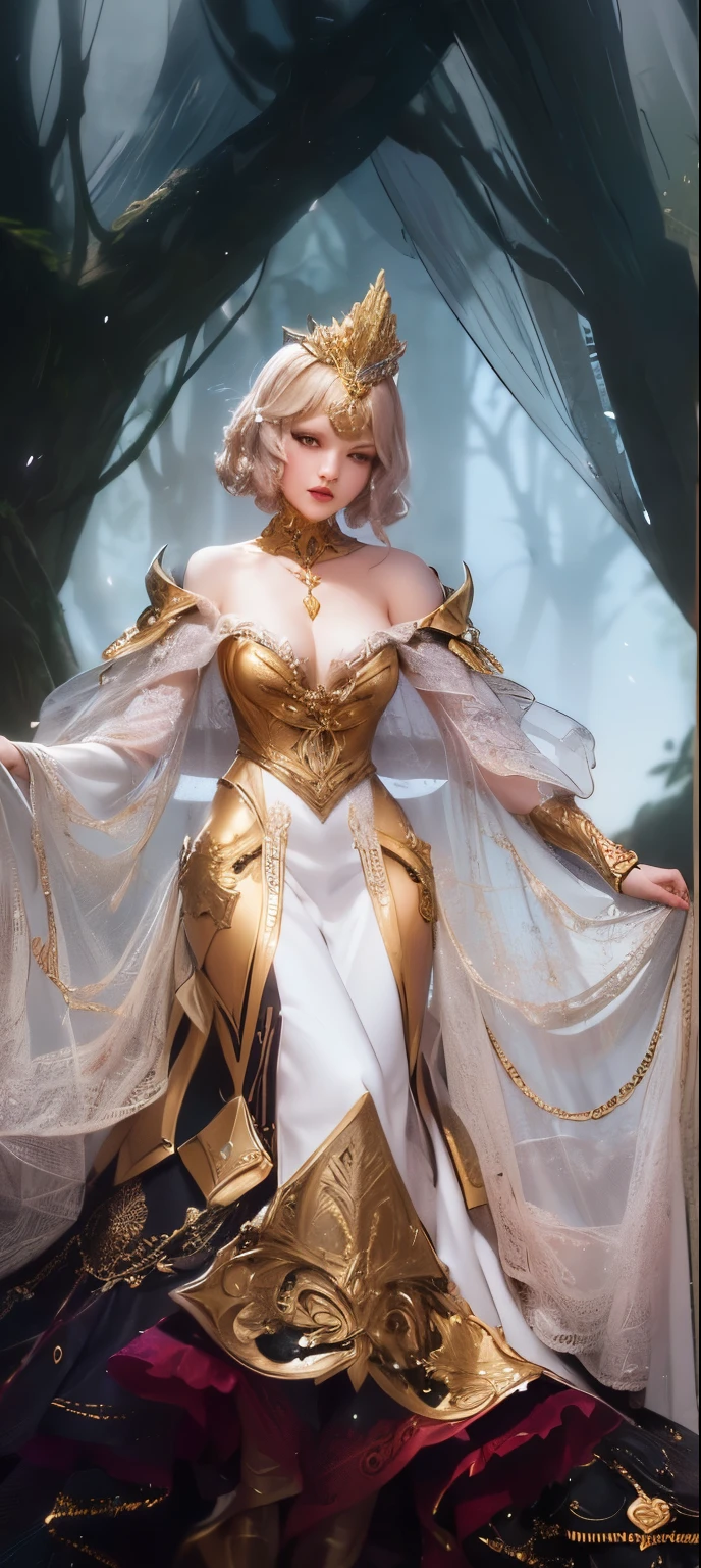 One in a skirt、Close-up of a woman with a crown on her head, clothed in ethereal armor, Fantasy costumes, complex clothing, robe. extremly high detail, gilded outfit, ((beautiful fantasy empress)), Wearing ethereal armor, very detailed and rich clothing, Angelic golden armor, wearing fancy clothes, beautiful fantasy empress