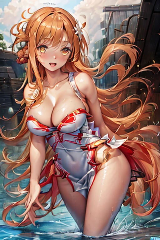 art by Cornflower, dreamy,
(1girl, air_bubble, armpits, bangs, bare_arms, bare_shoulders, breasts, bubble, caustics, cleavage, collarbone, dress, eyebrows_visible_through_hair, fish, flower, hair_flower, hair_ornament, long_hair, looking_at_viewer, medium_breasts, ocean, open_mouth, sleeveless, sleeveless_dress, smile, solo, splashing, submerged, underwater, water, water_drop, waves, white_dress, yellow_eyes)