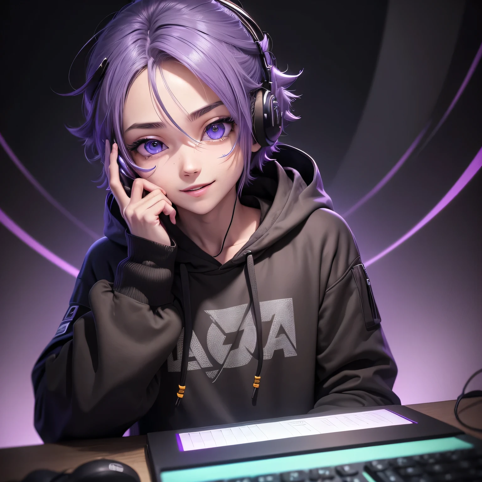 (garoto com olhos castanhos + moletom: 1.3), rosto bonito, fones de ouvido, sentado em uma mesa de computador, cabelos verdes, monochromatic color scheme with purple accents, atmospheric purple lighting, Games Style Setup, telas digitais azuis, teclado e mouse, with smiling facial expression.
INFO