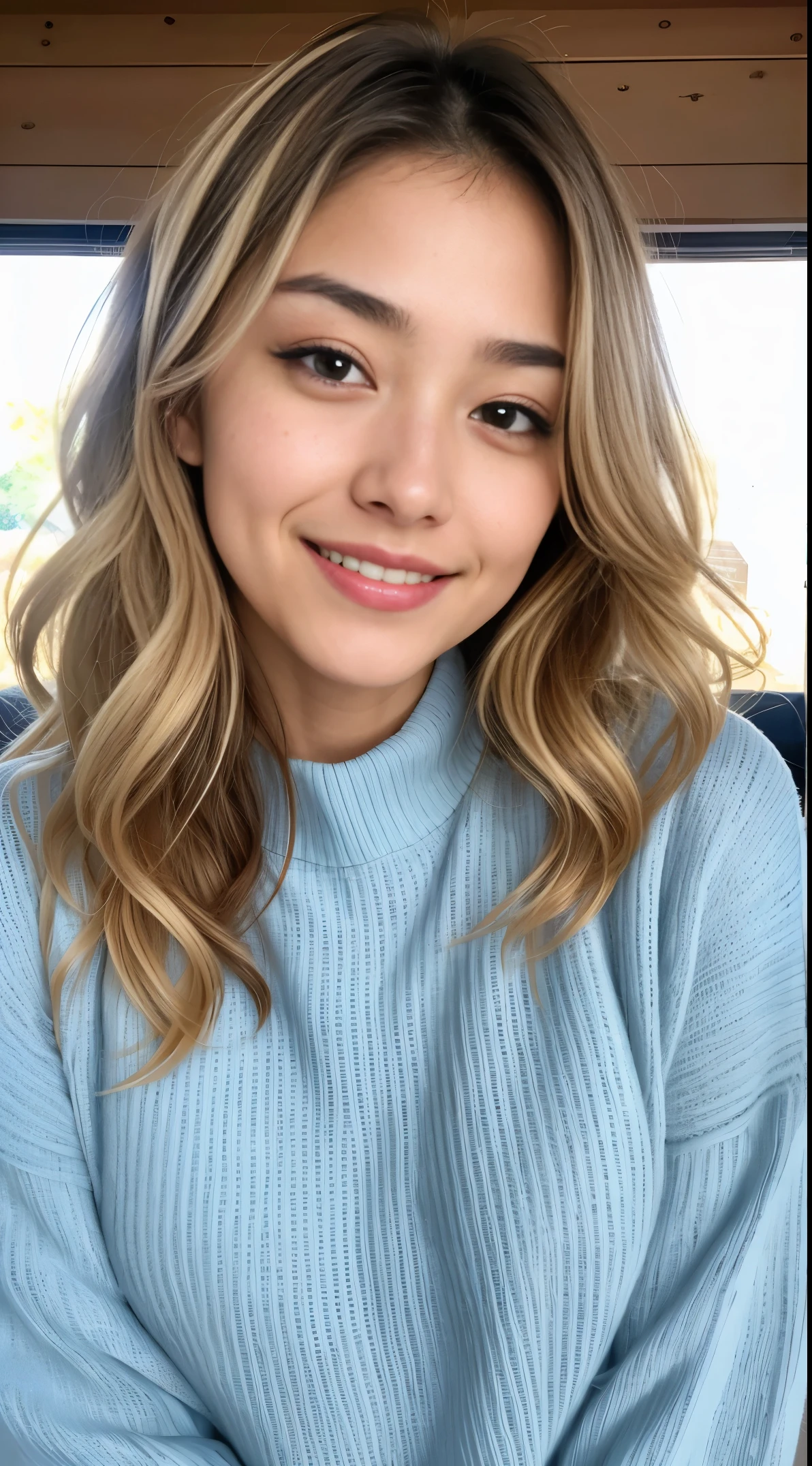 (Helena Lovista)美しい女性の見事なa picture, 30-years old, Perfect Fit Body, big Black eyes, long messy blond hair, (Beautiful blonde with dark eyes wearing a light blue sweater), Very detailed, 24 years old, Innocent face, Natural wavy hair, Black eyes, hight resolutionであり, masutepiece, Best Quality, Intricate details, Highly detailed, Sharp Focus, Detailed skin, Realistic, Texture, Detailed eyes, Professional, 4K, へにょへにょしたA smile, Perfect Fit Body, Extremely detailed, a picture_\(Ultras\), photoRealistic, Realistic, Post-processing, Maximum Detail, Roughness, Real life, Ultras Realistic, Photorealism, a picture化, 8K UHD, a picture化、 portlate, extremely luminous bright design, PastelColors, (inky:1.3), autumn lights, perfect eyes, Perfect iris,Perfect lips,perfect teeth、masterpiece, 最hightquality, hightquality, hight resolution、portlate、A smile