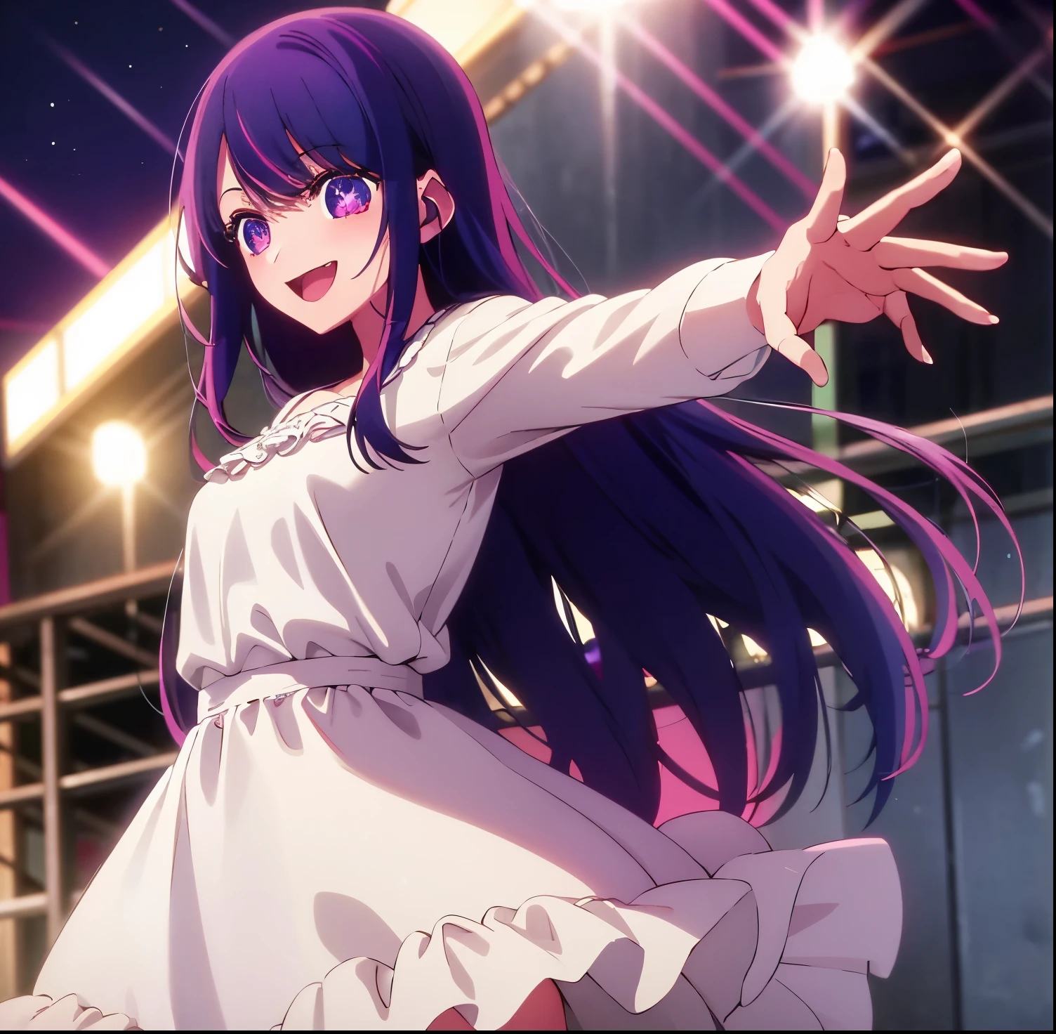 ​masterpiece、ighly detailed、(1 girl in:1.2)、alone,purple color  hair、pink  dress、big eye、a closeup、a smile、8K 、Ai Hoshino、Live performance venue