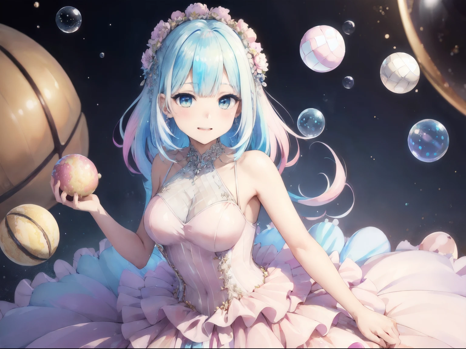 top-quality、hight resolution,  masutepiece, Best Quality, 8K resolution, Sharp Focus, intricate detailes, Beautiful Girl, Sparkling eyes, Golden Ratio Face, Otherworldly liquid, watercolor paiting, ((pastel color right color, capricious, Colorful, Sharp Focus, hight resolutionであり, Fine detail, ((layered ball gown)), Iridescent bubbles