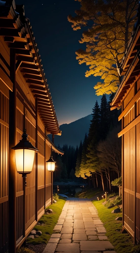 paisaje del bosque japones de noche en la antiguedad