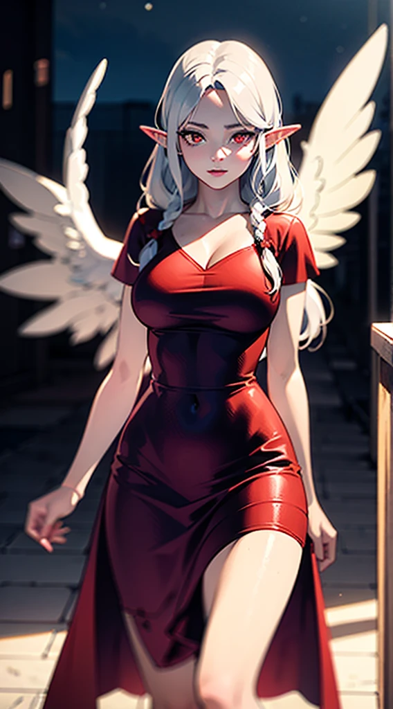 RAW, professional photograph, medium shot, photorealistic, realistic lights, realistic shadows, hyper-realistic, ray tracing, super detail, UHD, 8k, female elf, angel, large wings with white feathers, red queen dress, twenty years old, athletic body, soft facial features, long braided hair, viking hairstyle, straight hair, white hair, red eyes, suspended in the middle of the night sky