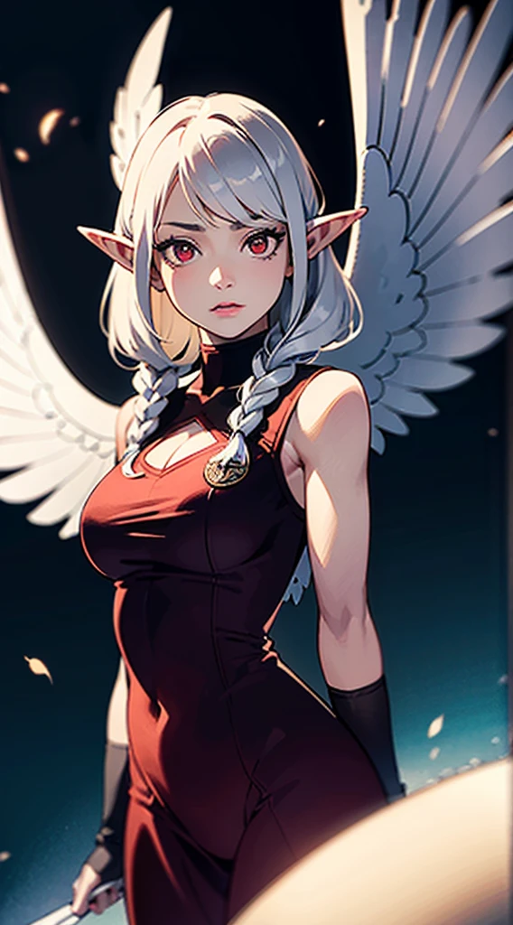 RAW, professional photograph, medium shot, photorealistic, realistic lights, realistic shadows, hyper-realistic, ray tracing, super detail, UHD, 8k, female elf, angel, large wings with white feathers, red queen dress, twenty years old, athletic body, soft facial features, long braided hair, viking hairstyle, straight hair, white hair, red eyes, suspended in the middle of the night sky