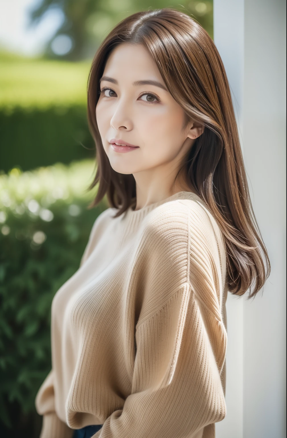 masuter piece, top-quality, ​masterpiece, hight resolution, Photorealsitic, Raw photography, 8k wallpaper, flawless, profetional lighting, ighly detailed, depth of fields,Pale solid color background, ((One beautiful woman)), ((90 years old)), Female sexy, Detailed face, beautidful eyes, bangss, small breasts of good shape, Light Brown Straight Hair, Faint lips, ((stand facing forward、Staring at the viewer&#39;serious face eyes.)),Sweaters, skirt by the, foot out of frame