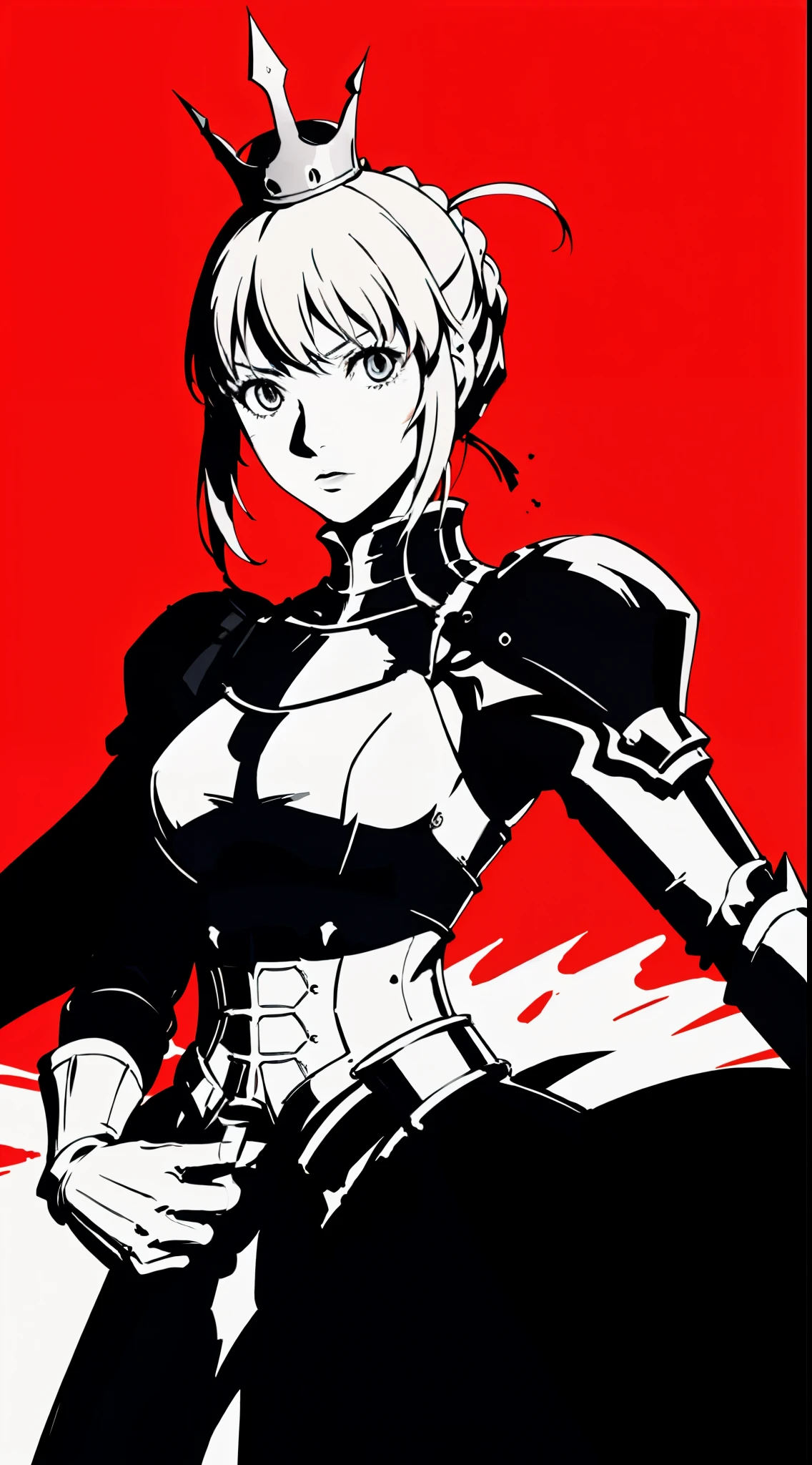 1girl, artoria Pendragon, saber, armor, after war, bruise, crown, solo, red background, black background, monochrome, upper body, looking at viewer