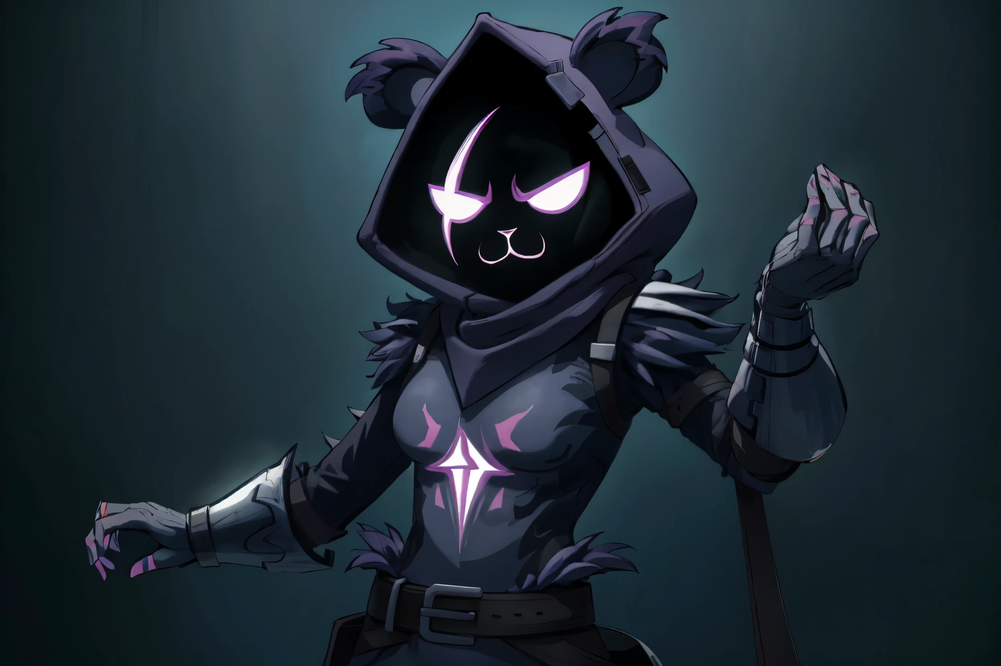 Raven Team Leader, 1girl, purple hood, animal ears, shaded face, purple skin, scar on eye, (furry), (body fur), purple fur, belt, straps, :3, torso symbol, metal gloves, upper body, looking at viewer, circle eyes, expressionless, dynamic pose, dark runic symbol background, epic, cinematic lighting, volume lighting, bright tone, warm color, colorful, masterpiece, super detail, high quality, best quality, highres, 16k,