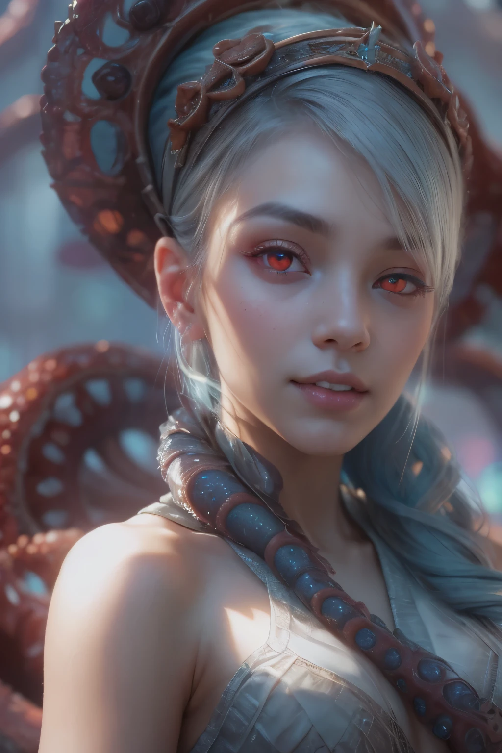 Portrait, (beautiful female alien:1.2), (she has red eyes with no pupils:1.8), (Translucent skin:1.7), (There is a female genital-like organ in the middle of the forehead:1.9), (The most beautiful face in the history of the universe:1.2),an evil gaze that seduces, (large mouth:1.1), (sharp teeth like a vampire:1.2), Full body like, (bio luminescent:1.5), (Smile wickedly:1.3), (sexypose:1.5), alien, No humans, cells are fused, (Lots of translucent tentacles:1.3) extraterrestrial, cell, bio image, Best Quality, 8K,4K_quality, High Definition, Dramatic Lighting, masutepiece:1.5,cinematic quality, detail up, (Intricate details:1.2), High resolution, High Definition, drawing faithfully, (Thick eyebrows:1.2), Beautiful eyes with fine symmetry,(Highly detailed face and eyes:1.2), Intimate face, (Super detailed skin quality feeling:1.4), Perfect Anatomy, (Beautiful toned body:1.5), (Moist skin:1.2), No makeup, (dark circles:1.1), long canines, cinematic drawing of characters, ultra high quality model, cinematic quality, detail up, (Intricate details:1.2), High resolution, High Definition, drawing faithfully, Official art, Unity 8K wall , 8K Portrait, Best Quality, Very High resolution, ultra detailed artistic photography, midnight aura, unreal enginee 5, Ultra Sharp Focus, art by alberto seveso, ArtGerm, Roisch, intricate artwork, best quality, masutepiece, ultra High resolution, (photos realistic:1.4), Ultra-realistic realism, dream-like, nautilus, Creation of fantasy, Snail, Dream Snail, biopunk nautilus, Thrilling color schemes, Ultra-realistic realism, seductively smiling, Blue tentacles,