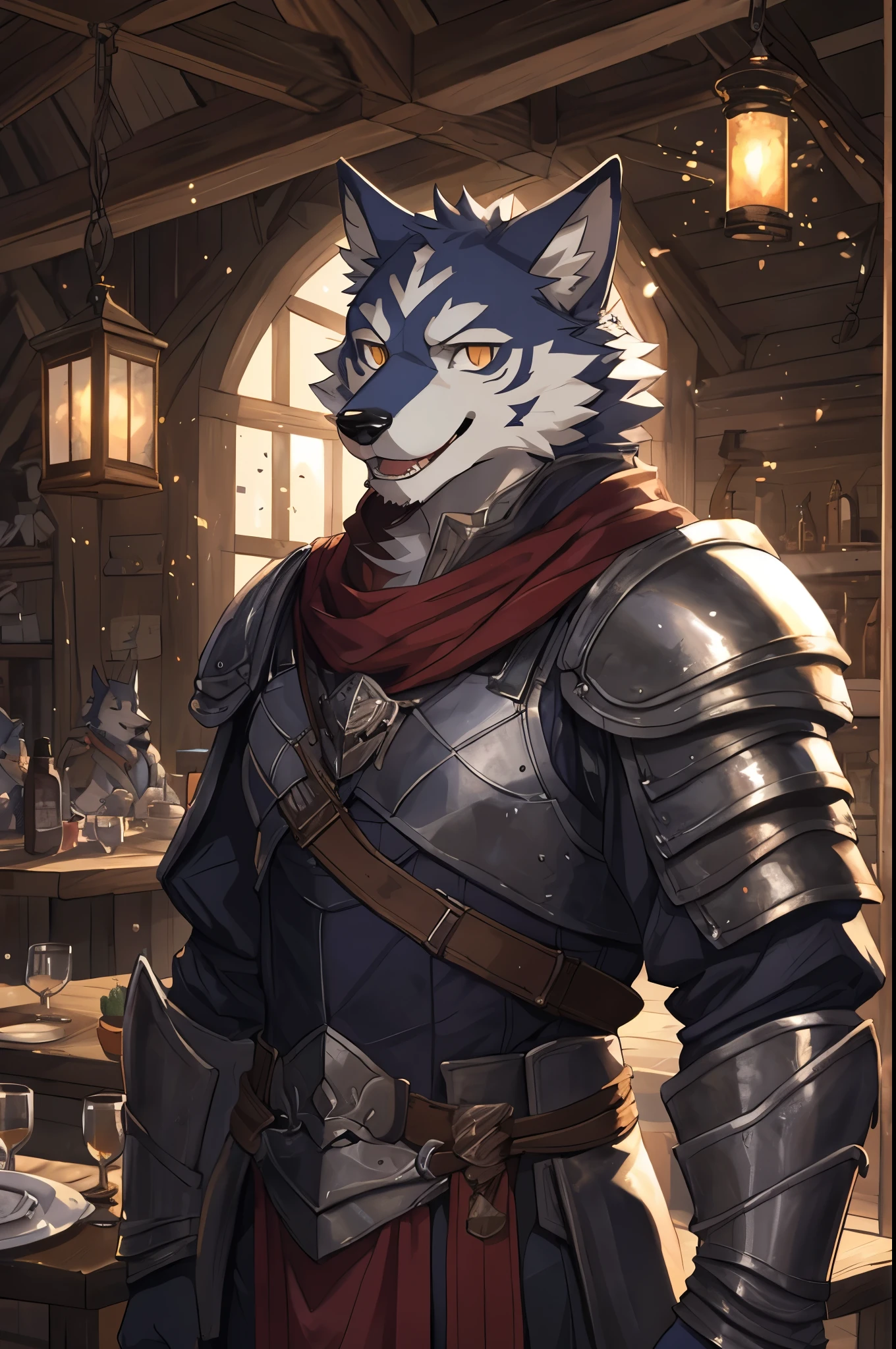 Solo, male, adventurer, (male anthro wolf:1.3), (Grey Body:1.1), (Standing:1.3), (けもの:1.2), (Tavern:1.23), heavy armor, (Plate Armor), (smile:1.3), Open mouth, Detailed Eyes, (bust portrait), (Detailed Eyes), (indoor:1.35), (Particle ,Firefly, Blue Glowing:1.3), detailed background, 8K HD, (Dark shadows, Wide dynamic range, HDR, low-light:1.2), making: Pino Daeni, Canyne testified., Milky Tiger1145, (only), [Dagashi, Yufa]