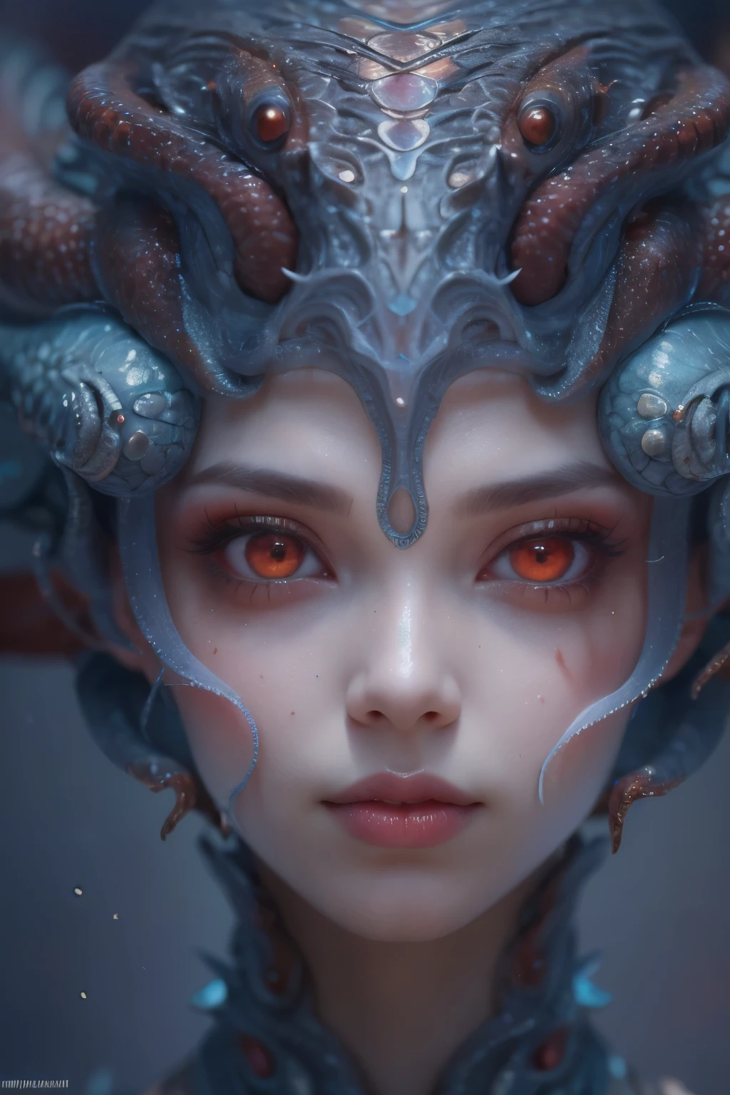 Portrait, (beautiful female alien:1.2),  (she has red eyes with no pupils:1.8), (Translucent skin:1.7),  (There is a female genital-like organ in the middle of the forehead:1.9), (The most beautiful face in the history of the universe:1.2),an evil gaze that seduces, (large mouth:1.1), (sharp teeth like a vampire:1.2), Full body like, (bio luminescent:1.5), (Smile wickedly:1.3),  (sexypose:1.5), alien, No humans, cells are fused, (Lots of translucent tentacles:1.3) extraterrestrial, cell, bio image, Best Quality, 8K,4K_quality, High Definition, Dramatic Lighting, masutepiece:1.5,cinematic quality, detail up, (Intricate details:1.2), High resolution, High Definition, drawing faithfully, (Thick eyebrows:1.2), Beautiful eyes with fine symmetry,(Highly detailed face and eyes:1.2), Intimate face, (Super detailed skin quality feeling:1.4), Perfect Anatomy,  (Beautiful toned body:1.5),  (Moist skin:1.2), No makeup, (dark circles:1.1), long canines, cinematic drawing of characters, ultra high quality model, cinematic quality, detail up, (Intricate details:1.2), High resolution, High Definition, drawing faithfully, Official art, Unity 8K wall  , 8K Portrait, Best Quality, Very High resolution, ultra detailed artistic photography, midnight aura,  unreal enginee 5, Ultra Sharp Focus, art by alberto seveso, ArtGerm, Roisch, intricate artwork, best quality, masutepiece, ultra High resolution, (photos realistic:1.4), Ultra-realistic realism, dream-like,  nautilus, Creation of fantasy, Snail, Dream Snail,  biopunk nautilus, Thrilling color schemes， Ultra-realistic realism， seductively smiling, Blue tentacles,