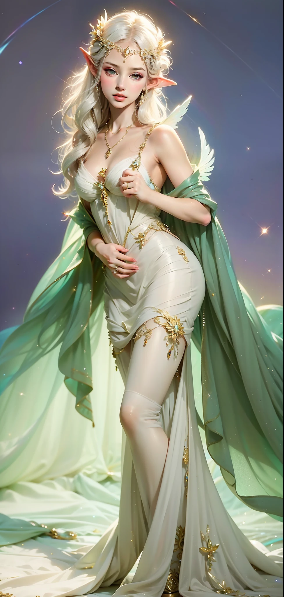 Close-up of a woman wearing a flower crown dress, beautiful elegant dryad, long glowing floated hair, Galadriel, goddess of nature, Galadriel in lothlórien, of elven queen Galadriel, Ethereal details, beautiful elven princess, goddess of the forest, beautiful and elegant elf queen, floated hair