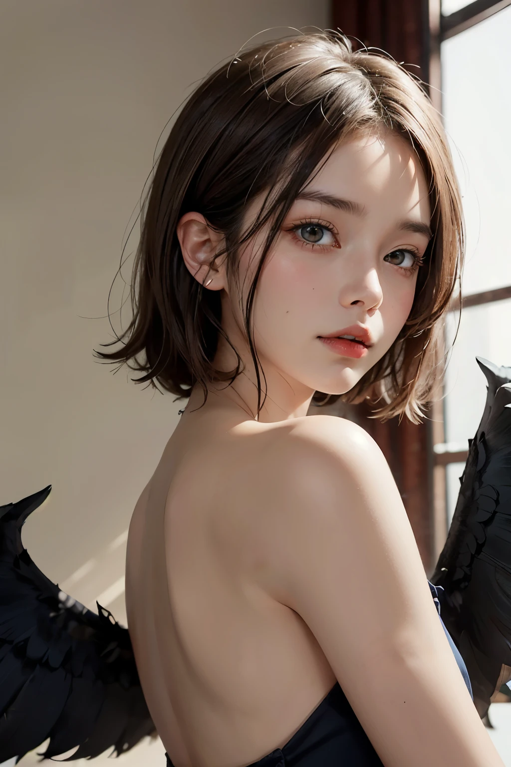 American girl with pale skin, brown hair, bright amber eyes, black feather wings, studio ghibli