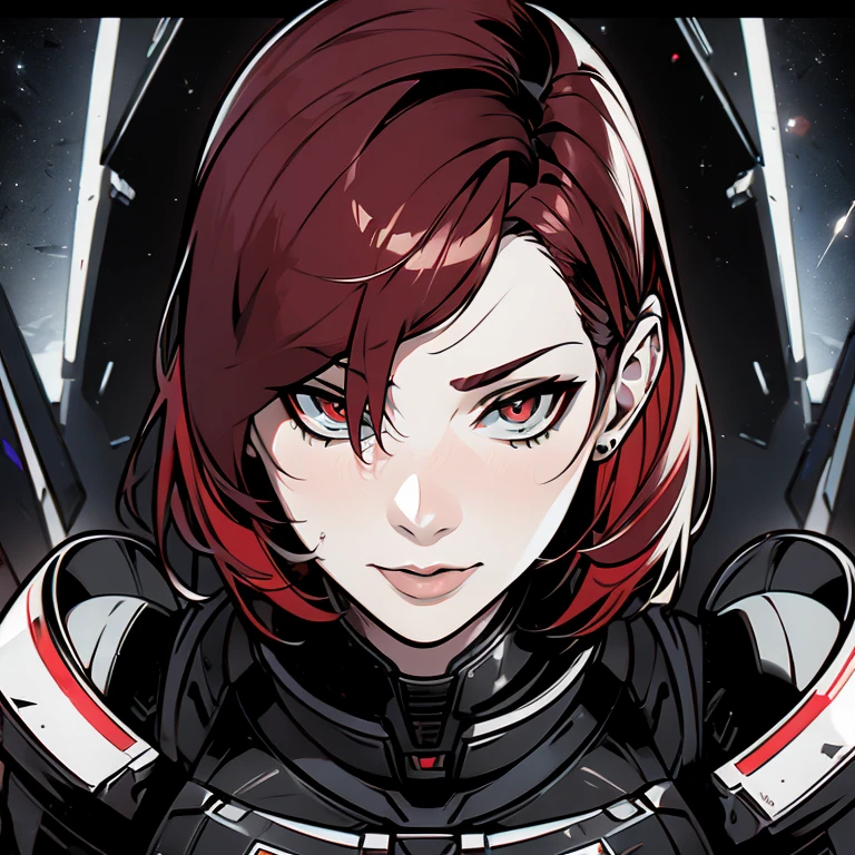 1girl, solo, Jane Shepard, FemShep, short hair, red hair, black eyes, black power armor, N7, outer space, ringed planet, (masterpiece:1.3), high quality, highres, absurdres,