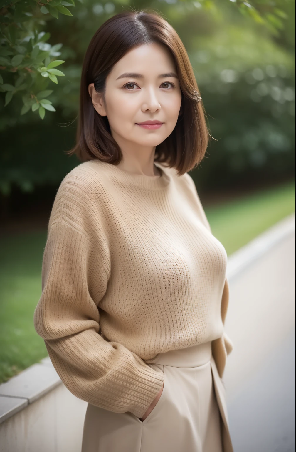 masuter piece, top-quality, masterpiece, hight resolution, Photorealsitic, Raw photography, 8k wallpaper, flawless, profetional lighting, ighly detailed, depth of fields,Pale solid color background, ((One beautiful woman)), ((70yo)), Female sexy, Detailed face, beautidful eyes, bangss, small breasts of good shape, Light Brown Straight Hair, Faint lips, ((stand facing forward、Staring at the viewer'serious face eyes.)),Sweaters, skirt by the, foot out of frame