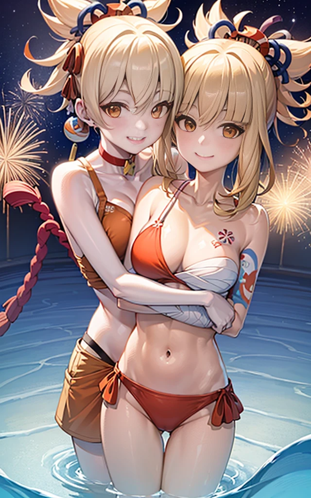 Two girls smiling in the water in the bathtub,No teeth exposed. Female twins, vivd colour,natural lightting, Best quality, Chest to chest, hugging eachother, sunny masterpiece, Navel Exposed, The face is red, Orange swimsuits holding each other' , Full, full breast clear