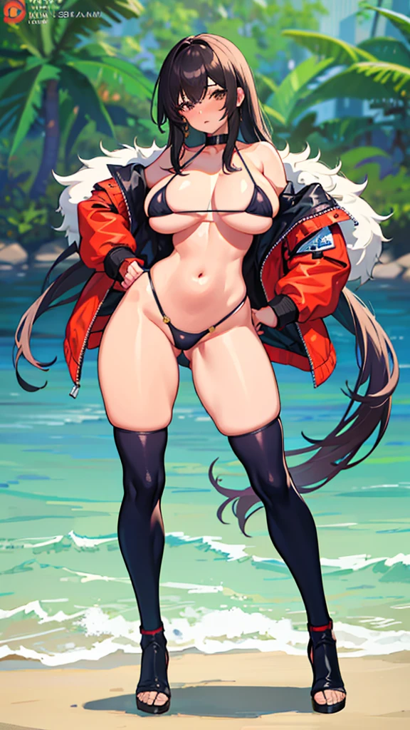 1girl, rough sketch, big tits, more huge tits, micro bikini, tight bikini, erotic pose, jacket, full body