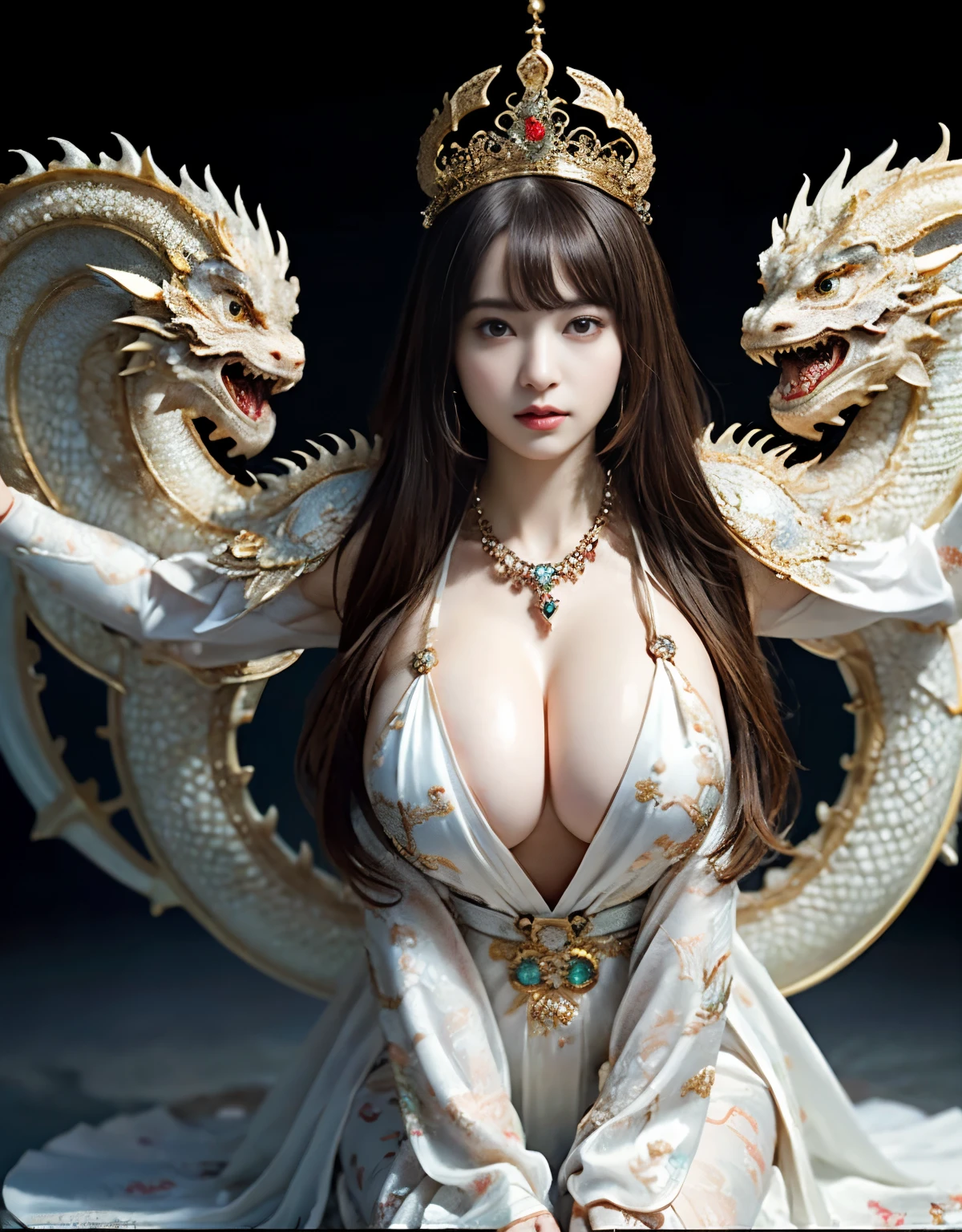 (heavy breasts)、top-quality、​masterpiece、超A high resolution、（White Ragon Armor）、(((Colossal tits))),dragon armor、(((Detailed Micro Bikini))),(Wearing a beautiful crown made of jewels),(Photorealsitic:1.4)、Raw photo、女の子1人、(((Random hair))、(((Take different poses)))、glowy skin、(((Chinese Dragon)))、Intricate and ornate hair ornaments、（Looks like a gorgeous jewelry necklace）、（Full Body Angle）、（Fight big dragons）、With a beautiful knife、（のmetalsビキニの背景))),、(falls)、ancient ruins cliff)、((super realistic details))、portlate、globalillumination、（sexypose）、Shadow、octan render、、8K、ultrasharp、Colossal tits、Raw skin exposed in the cleavage、metals、Details of complex ornaments、Japan details、highly intricate detail、Realistic light、CG Society Trenlow Eyes、Eyes shining towards the camera、Toostock、（Full Body Angle）、（goddess vellum&#39;Perspective、