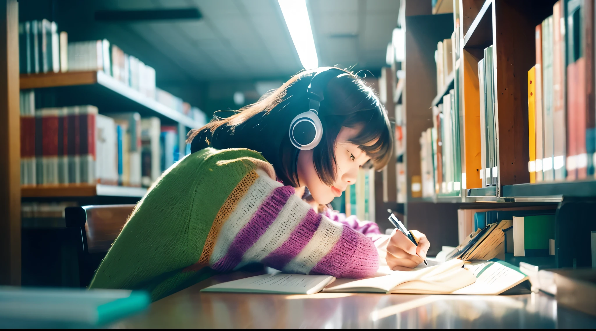 1girl in, Library, chair sitting sitting, Studying, Looking down, head phone,Coffee Cup, masutepiece, High quality, Beautiful, 4K, Beautiful detailed, Glow, multi color hair, from the front side, depth of fields, light Particle, nffsw, Rembrandt lighting, Colorful refraction, Lens Flare, bloom, Film reflection, Colorful refraction, chromatic abberation, Light diffusion