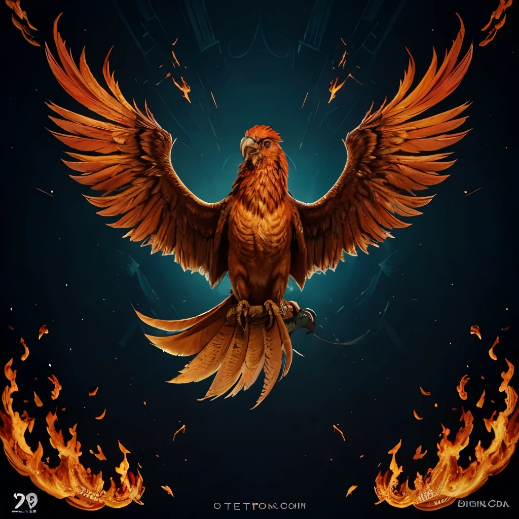 Phoenix bird, bird made of flames of fire, wallpaper style, made of fire, blue reptilian eyes, tons of feathers, high detail, Podcast cover art
