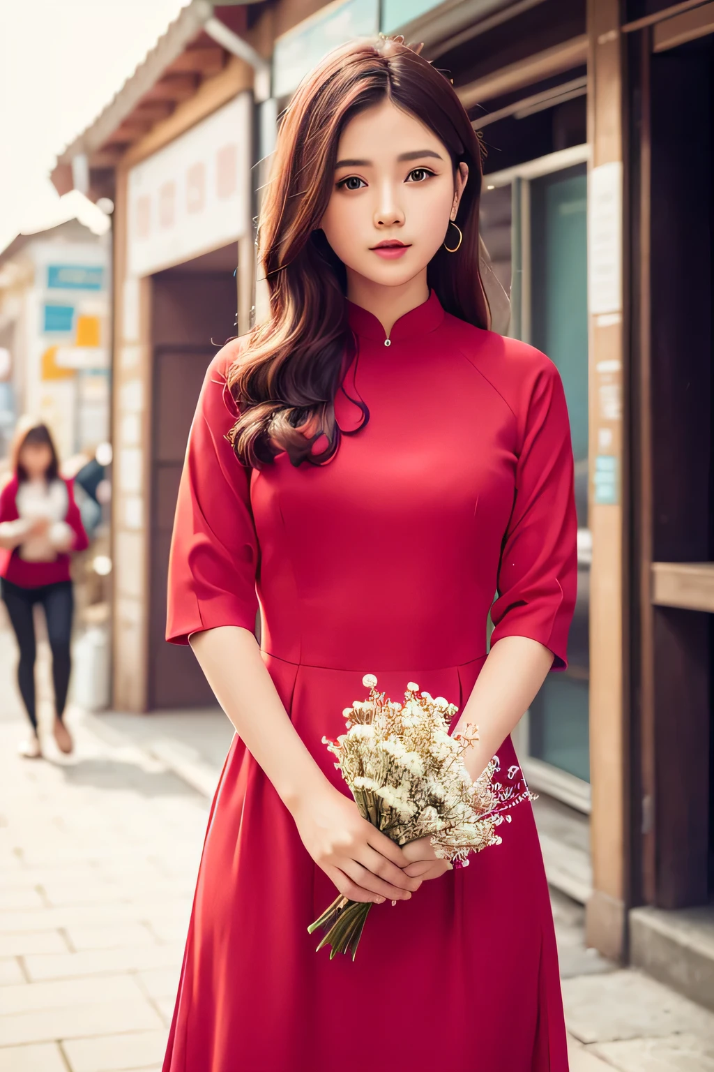 a beautiful girl in vintage colors aodai red color , masterpiece, best quality, realistic:1.3, street, holding bundle of adubon flowers, sunlight, backlighting, intricate scene, artstation, intricate details, vignette