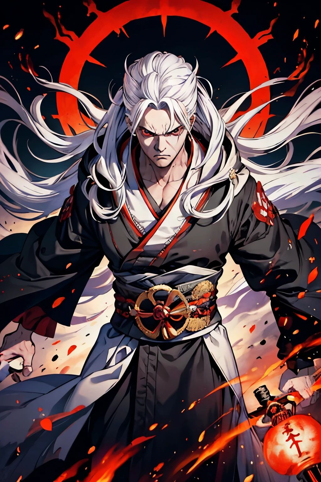 A powerful mage with white hair, fierce eyes, red eyes, wearing a black kimono, furious face, serious face, in a dark shrine, malevolent shrine, high res, 8k, looking at the viewer, male, male, piercing eyes