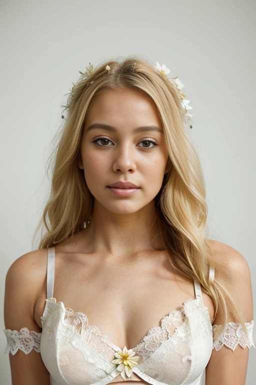 (((blond woman with corona de flores in white top and lace bra))), lotus corona floral girl, Encantadora princesa bohemia, wearing a corona floral, flower child, the corona de flores, Llevar un tocado de flores, Diosa de las flores, young beautiful Chica hippie, corona de flores, corona floral, Ella tiene una corona de flores secas, vivid corona de flores, 7 Retrato de 0 mm, Hippie chic, Chica hippie