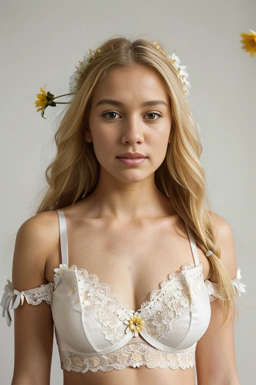 (((blond woman with corona de flores in white top and lace bra))).(((NSFW))), lotus corona floral girl, Encantadora princesa bohemia, wearing a corona floral, flower child, the corona de flores, Llevar un tocado de flores, Diosa de las flores, young beautiful Chica hippie, corona de flores, corona floral, Ella tiene una corona de flores secas, vivid corona de flores, 7 Retrato de 0 mm, Hippie chic, Chica hippie