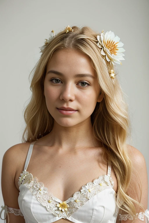 (((blond woman with corona de flores in white top and lace bra))).(((NSFW))), lotus corona floral girl, Encantadora princesa bohemia, wearing a corona floral, flower child, the corona de flores, Llevar un tocado de flores, Diosa de las flores, young beautiful Chica hippie, corona de flores, corona floral, Ella tiene una corona de flores secas, vivid corona de flores, 7 Retrato de 0 mm, Hippie chic, Chica hippie