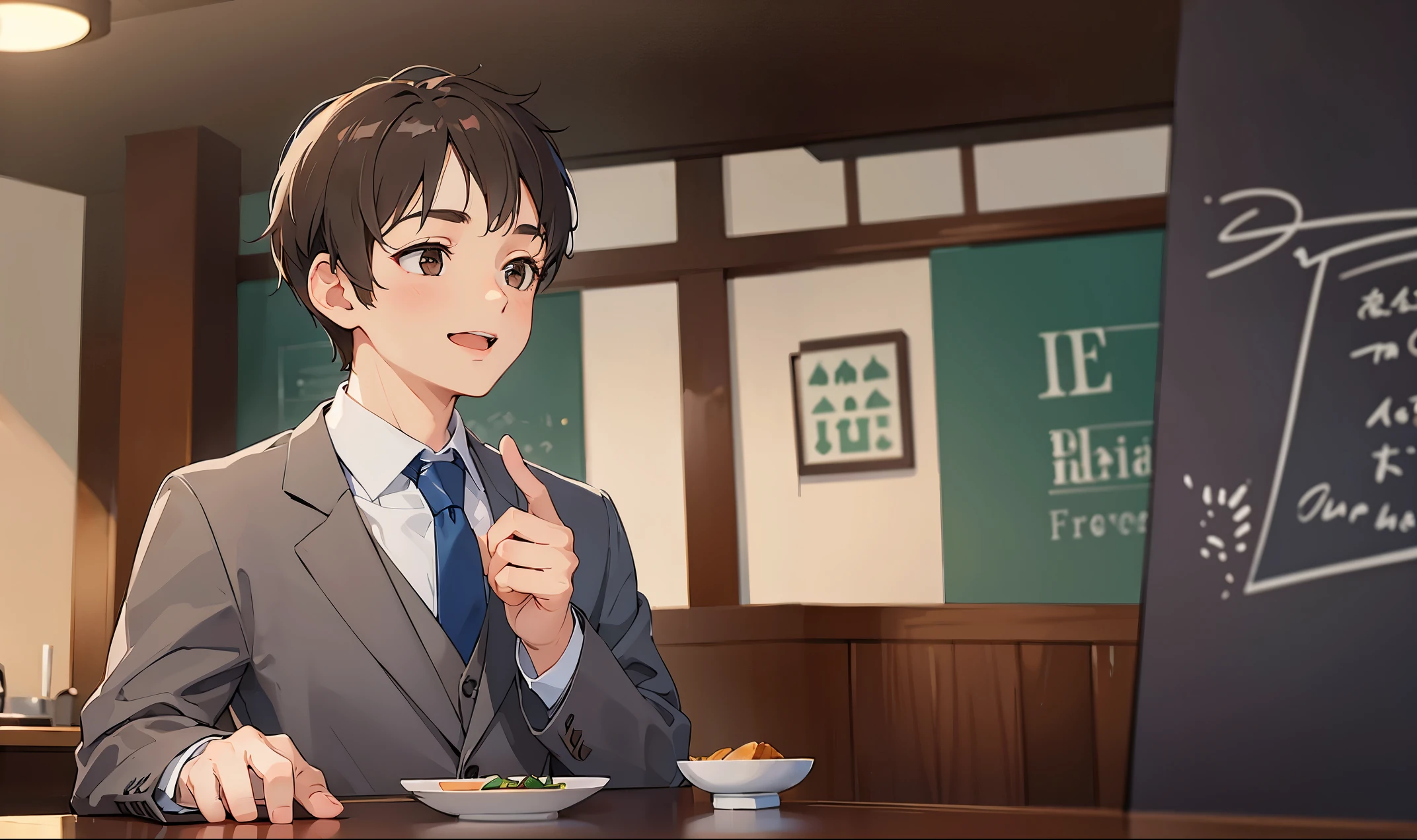 The background is a restaurant、walls、The table