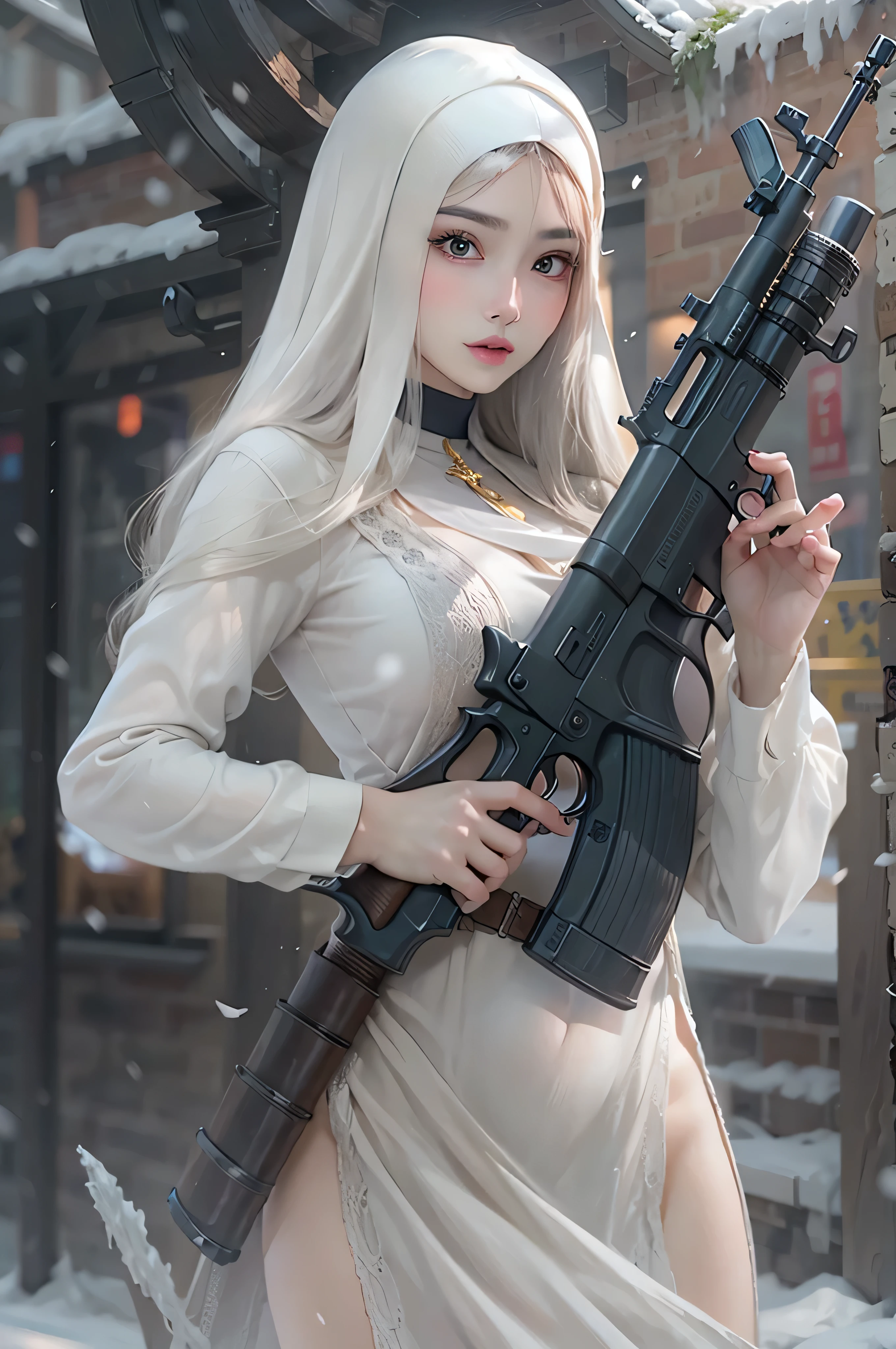 Photorealsiticです, High resolution, Photorealsitic，Beautiful tall woman, Solo, hips up high, view the viewer, (Detailed face),white color hair, Long hair, Young nun costume, Stockings，snowy background, Girl aiming at an AK-47 assault rifle