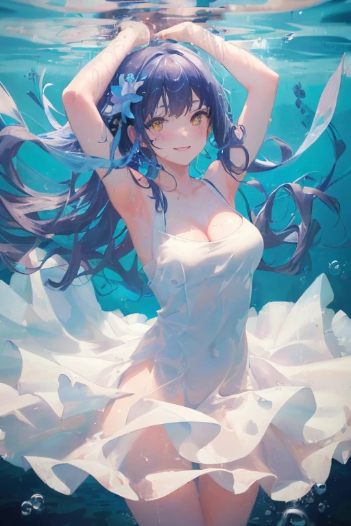 art by Cornflower, dreamy,
(1girl, air_bubble, armpits, bangs, bare_arms, bare_shoulders, breasts, bubble, caustics, cleavage, collarbone, dress, eyebrows_visible_through_hair, fish, flower, hair_flower, hair_ornament, long_hair, looking_at_viewer, medium_breasts, ocean, open_mouth, sleeveless, sleeveless_dress, smile, solo, splashing, submerged, underwater, water, water_drop, waves, white_dress, yellow_eyes)
