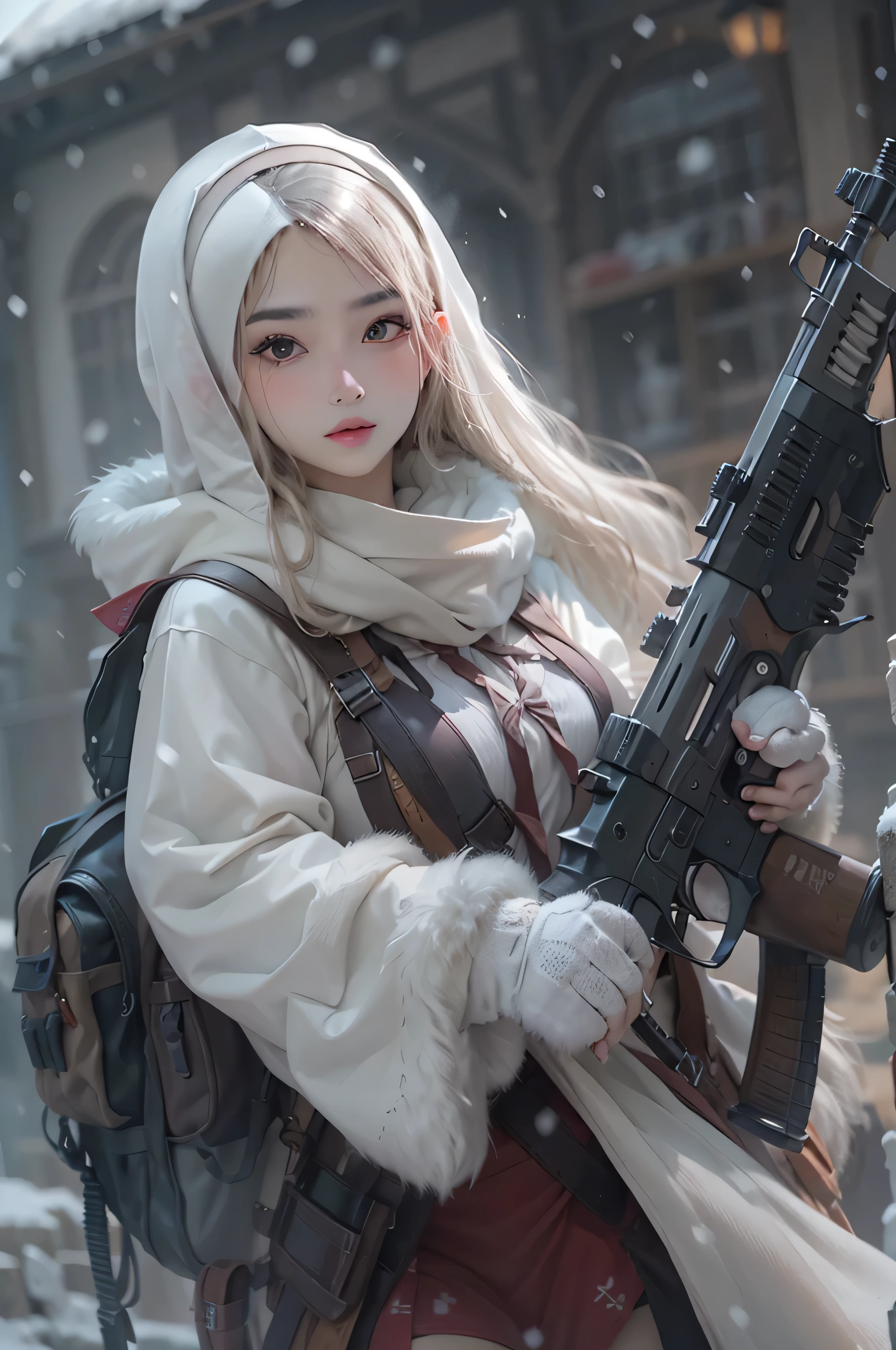 Photorealsiticです, High resolution, Photorealsitic,Beautiful tall woman, Solo, hips up high, view the viewer, (Detailed face),white color hair, Long hair, Young nun costume, Stockings,snowy background, Girl aiming at an AK-47 assault rifle