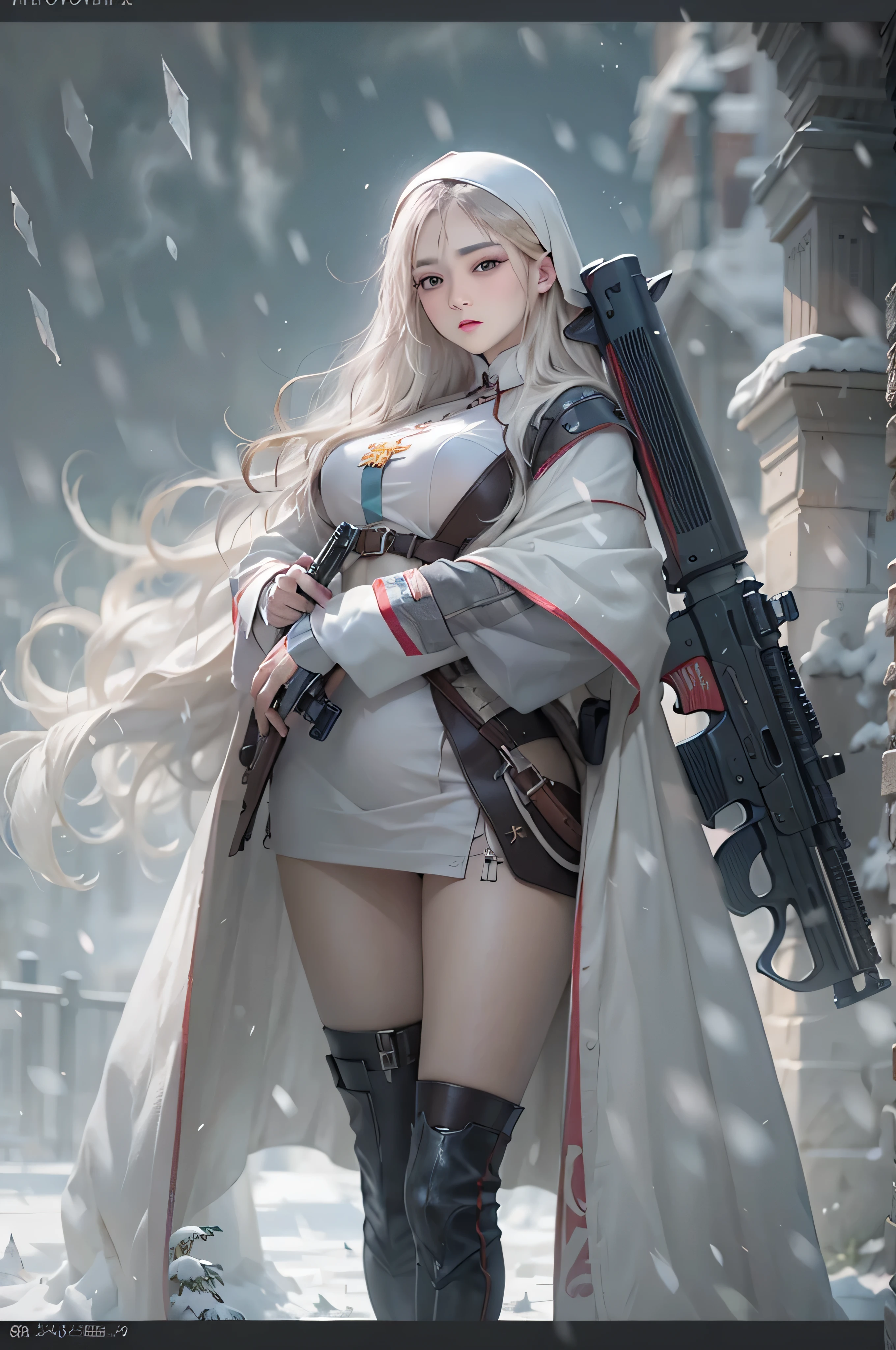 Photorealsiticです, High resolution, Photorealsitic,Beautiful tall woman, Solo, hips up high, view the viewer, (Detailed face),white color hair, Long hair, Young nun costume, Stockings,snowy background, Girl aiming at an AK-47 assault rifle