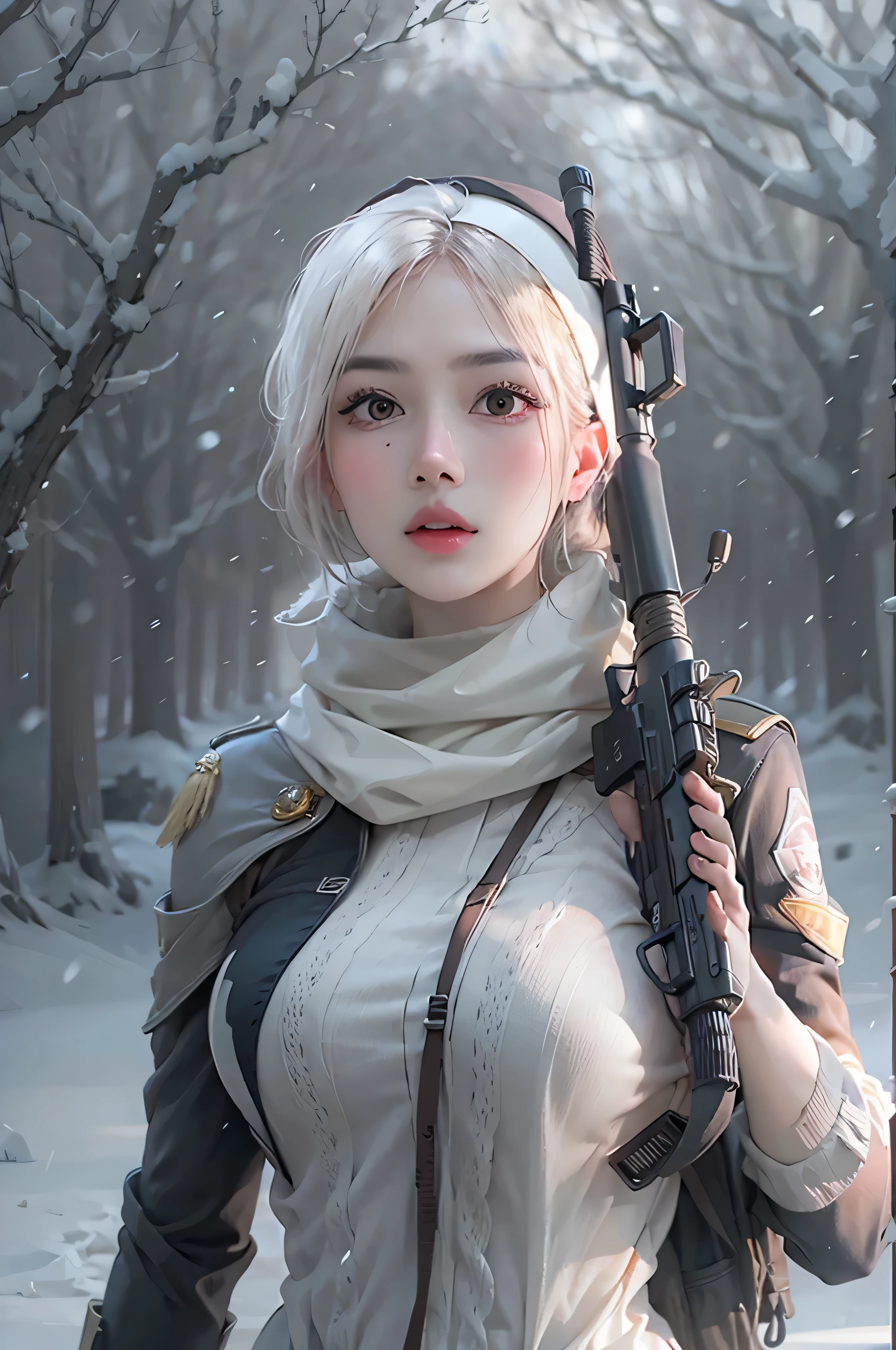 Photorealsiticです, High resolution, Photorealsitic，Beautiful tall woman, Solo, hips up high, view the viewer, (Detailed face),white color hair, Short hair, Young nun costume, Stockings，snowy background, Girl aiming at an AK-47 assault rifle