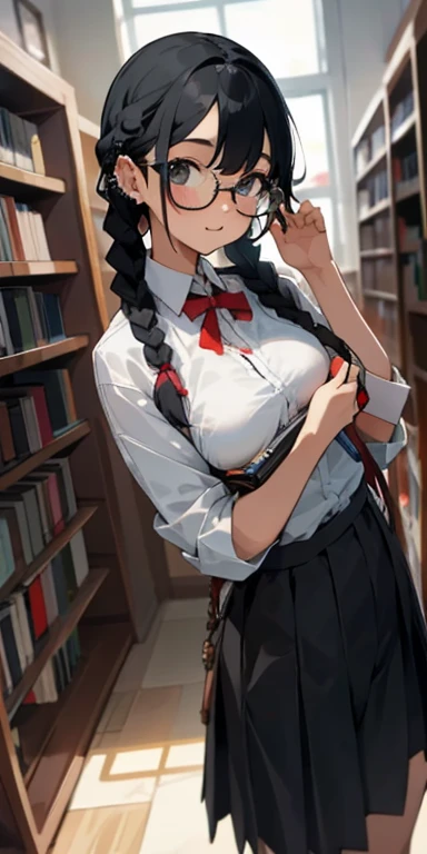 a young cute girl, glasses, braids, black hair, piercing, library, (show off breasts)