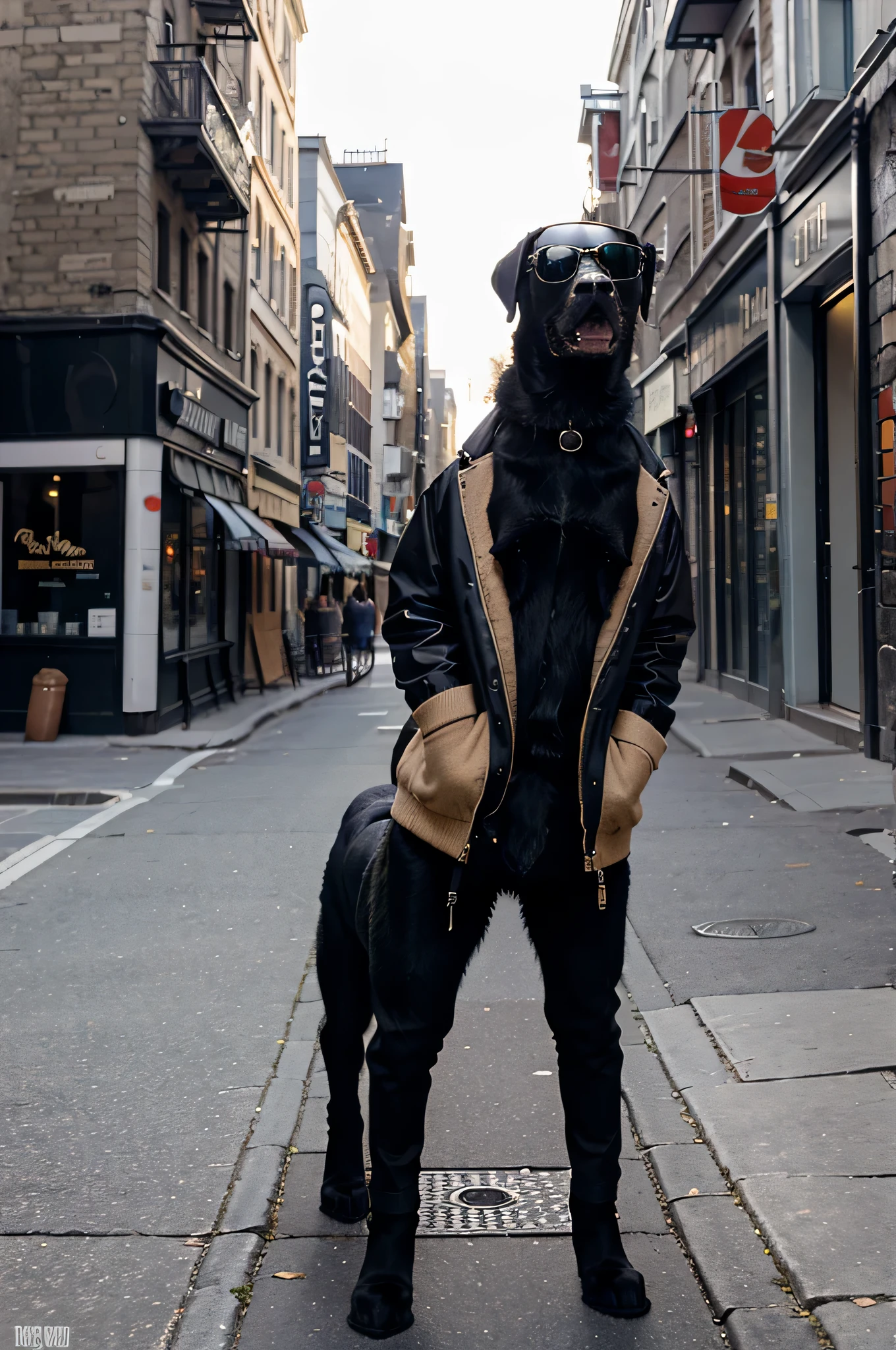 A black Labrador dog dressed in a stylish jacket and sunglasses, standing on its hind legs. The background is a bustling city street, giving a sense of chic. The image style is modern and sophisticated