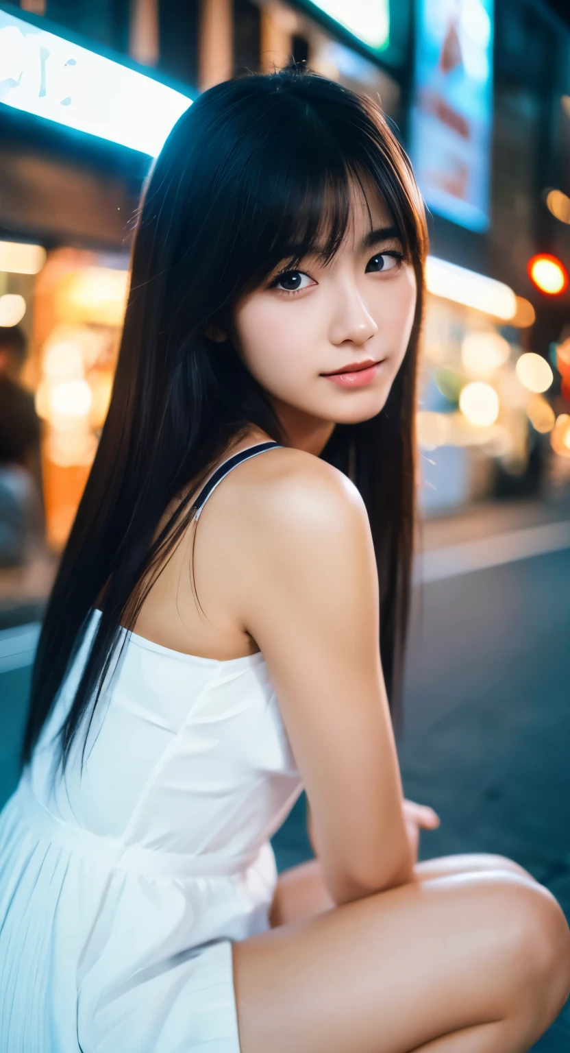 1girl,(校服,jpn,Medium hair black hair,),(RAWa picture,top-quality), (realisitic, Photorealsitic:1.4), masterpiece, extremely delicate and beautiful,, a picture, ighly detailed, Kodak portra 400,film grains,2k wallpaper, astonishing、finely detail, ighly detailedなCGユニティ8k壁紙, ultra-detailliert, hight resolution, Soft light, a beautiful detailed girl, ighly detailedな目と顔, beautiful detailed nose, beatiful detailed eyes,电影灯光、city light at night、Street、The legs are long and beautiful、Above the knee、
