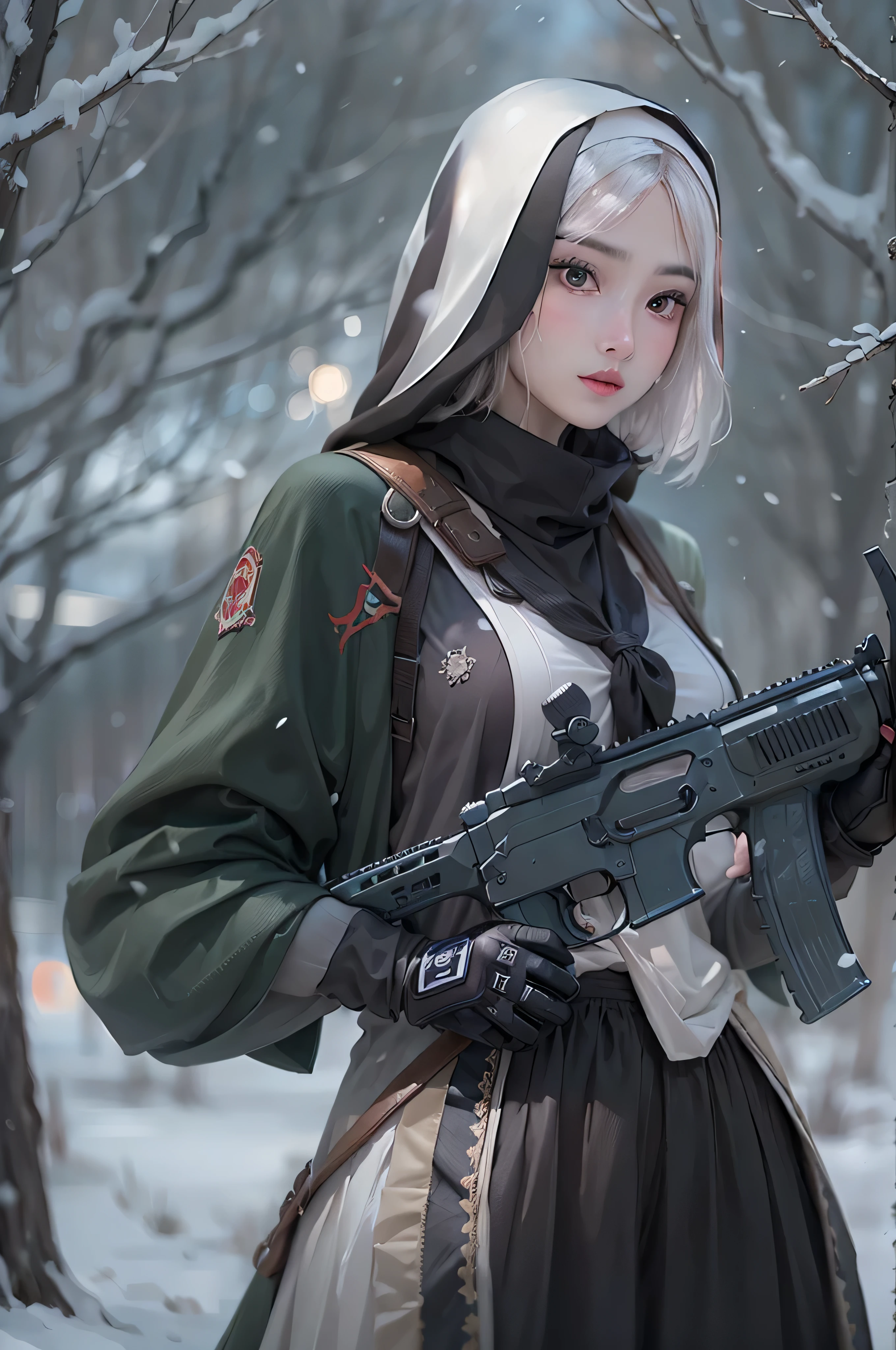 Photorealsiticです, High resolution, Photorealsitic,Beautiful tall woman, Solo, hips up high, view the viewer, (Detailed face),white color hair, Short hair, Young nun costume, Stockings,snowy background, Girl aiming at an AK-47 assault rifle
