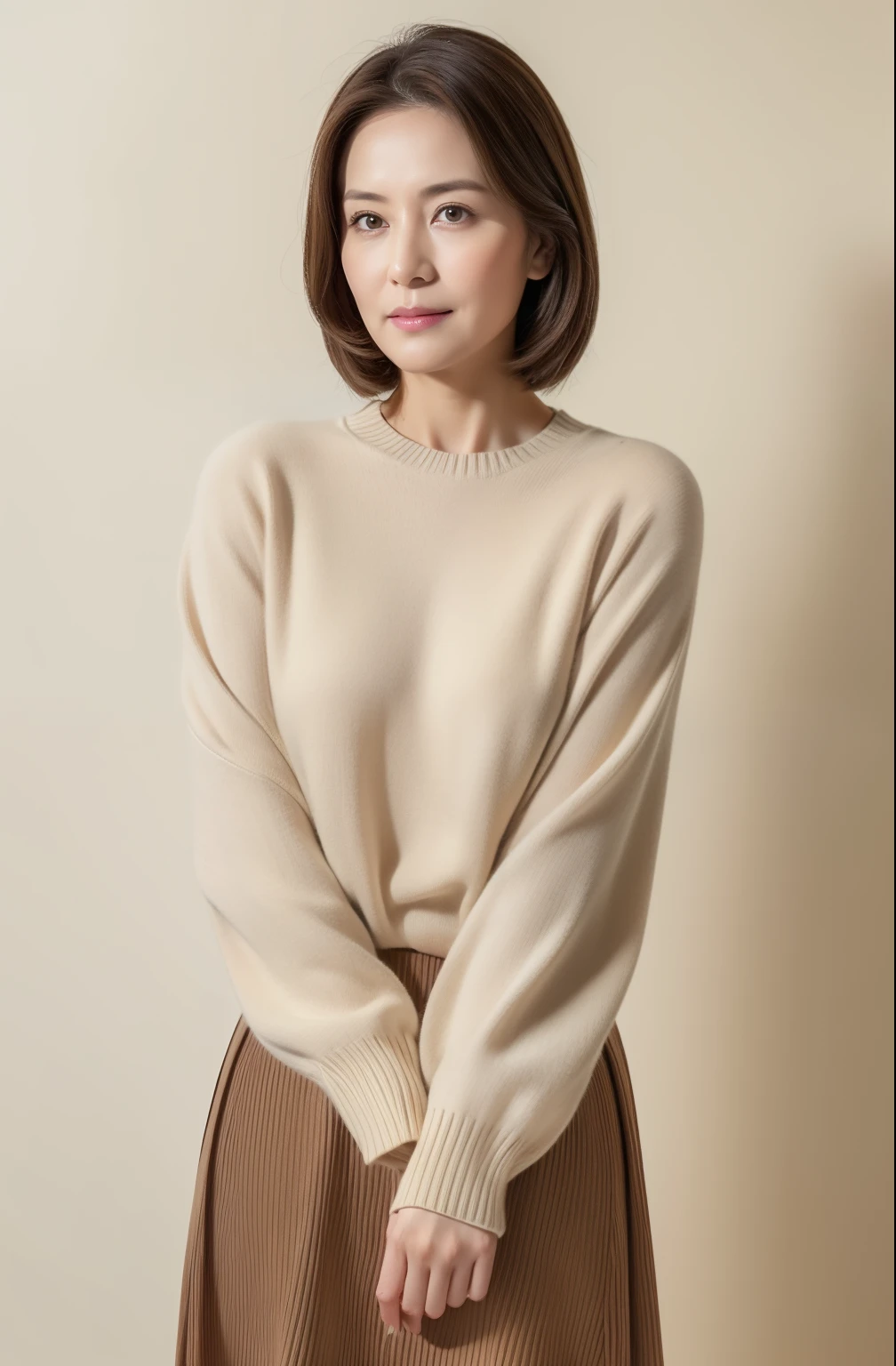 masuter piece, top-quality, ​masterpiece, hight resolution, Photorealsitic, Raw photography, 8k wallpaper, flawless, profetional lighting, ighly detailed, depth of fields,Pale solid color background, ((One beautiful woman)), ((90 years old)), Female sexy, Detailed face, beautidful eyes, bangss, small breasts of good shape, Light Brown Straight Hair, Faint lips, ((stand facing forward、Staring at the viewer&#39;serious face eyes.)),Sweaters, skirt by the, foot out of frame