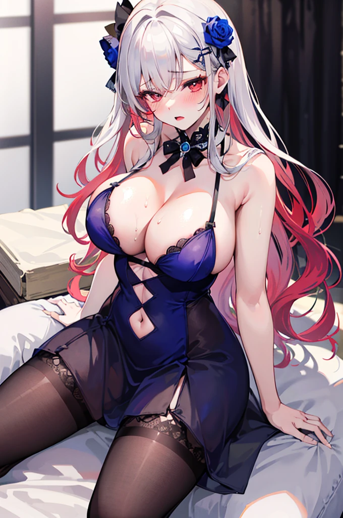 Perfect human body,1 boy,1 girl,A couple,sliver long hair,Red rose hair ornament,鎖骨,((Girl is sitting on a handsome man)),Gorgeous ta dresow knot,semi transparent,(white stockings),((woman with fever)), ((perspiring,steamy))), Colossal tits,((The expression of color)),,(Blushlush:1.2),